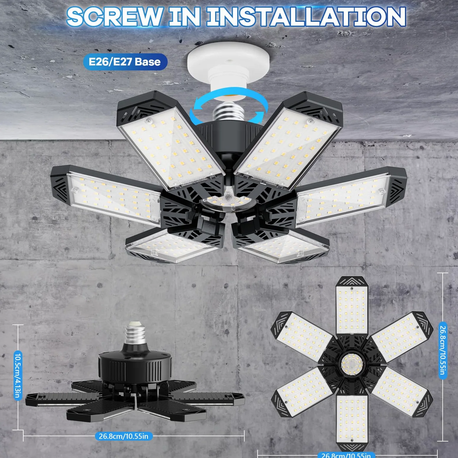 Lampa garażowa LED 160 W, 20000 lm, bardzo jasna, z 6 panelami odkształcalnymi, 6500 K, E26, E27, do warsztatu, magazynu, zatoki maks