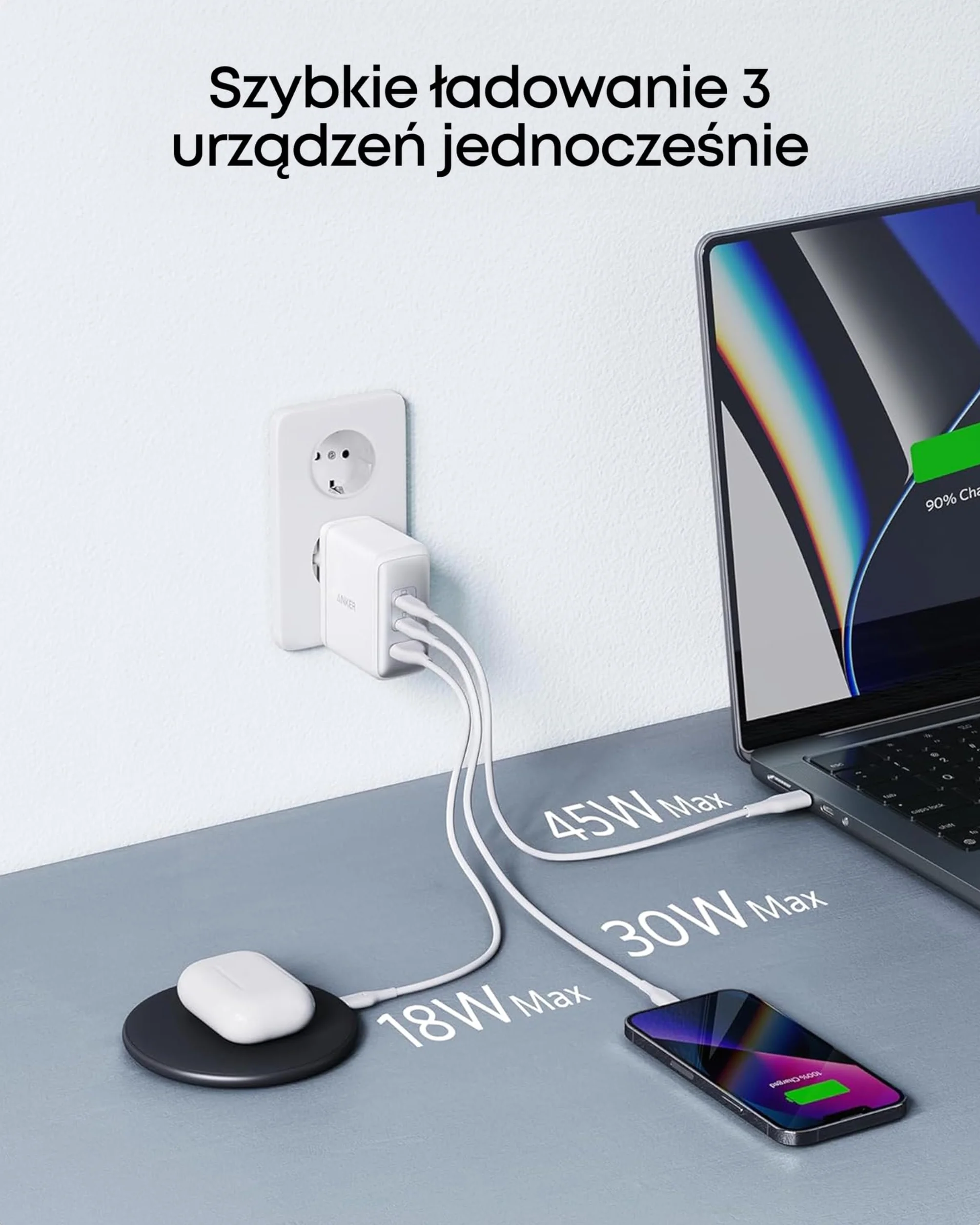 Ładowarka Anker 736 (Nano II), USB C 100 W, 3-portowy zasilacz USB C do MacBook Pro/Air, iPad Pro, Galaxy S22/S20, iPhone 15/Pro (Biały)