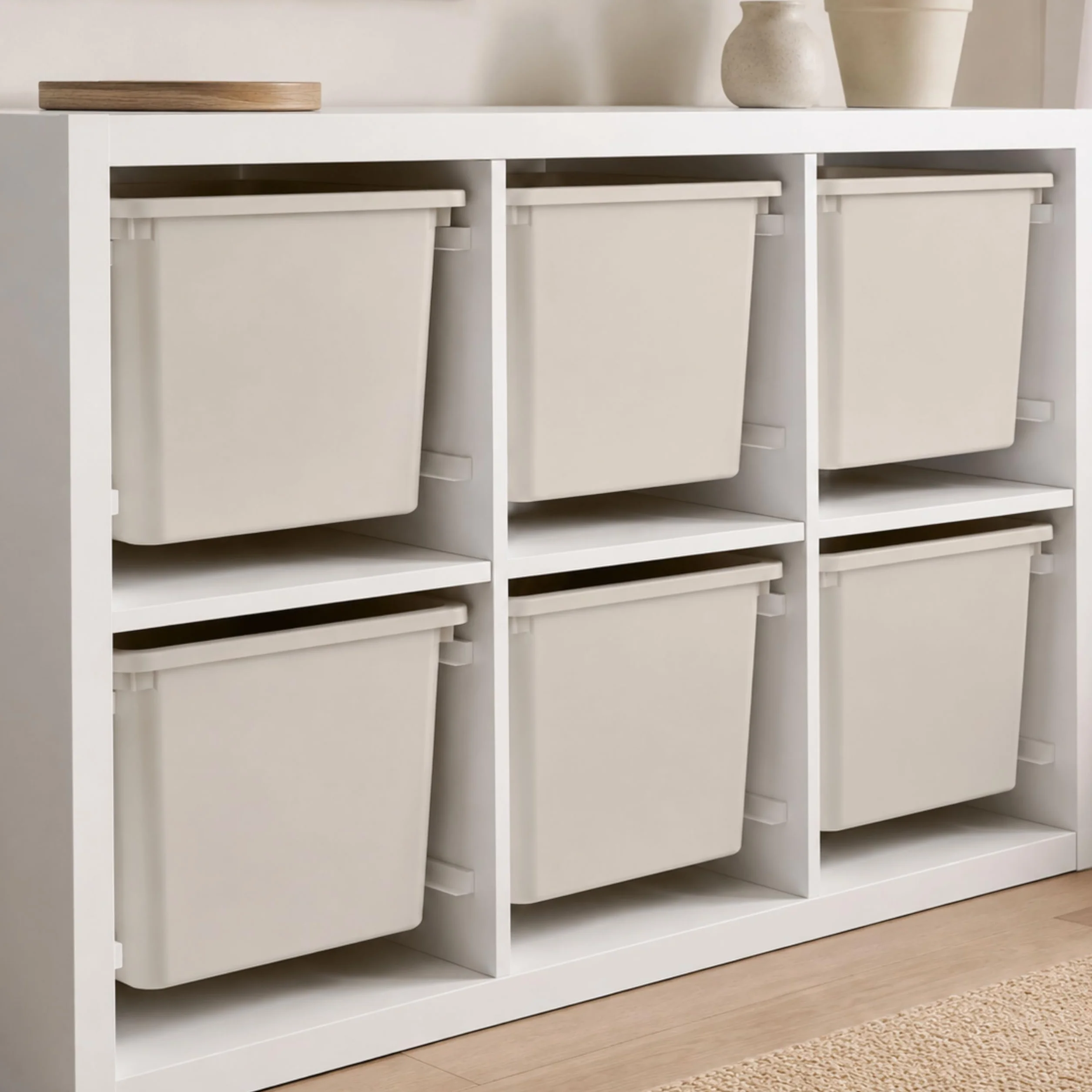 Szyny mocujące do regałów, kompatybilne z IKEA Kallax, Expedit i Trofast, 4 sztuki, w kolorze białym, z tworzywa sztucznego, do klejenia lub wkręcania, system szyn do przechowywania pudełek, uchwyt do