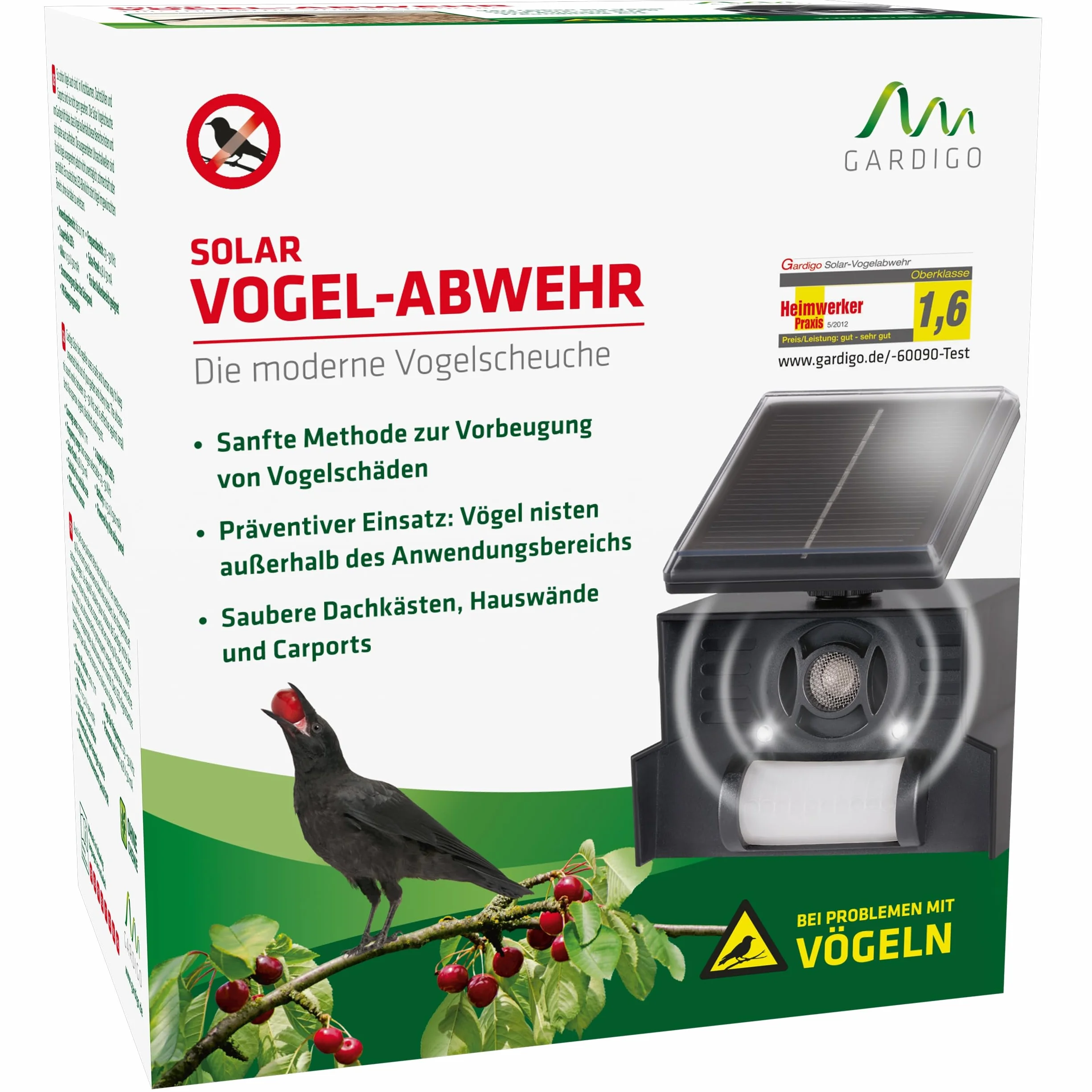 GARDIGO Ultradźwiękowy odstraszacz ptaków solarny 23-50 kHz zasięg 110° 7 m LED