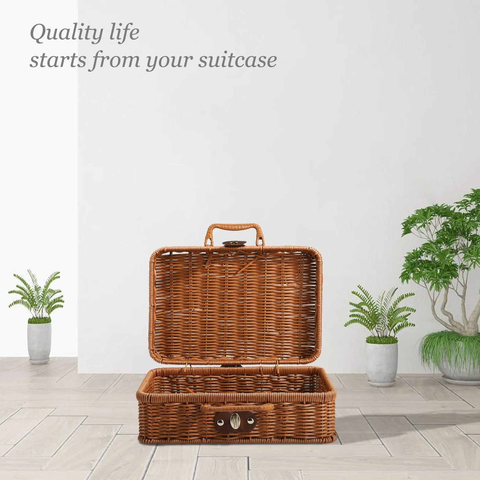 Rattanowy Kosz do Przechowywania Walizek Wiklinowy Retro Ręcznie Tkany z Uchwytami 29,5 x 21 x 12 cm