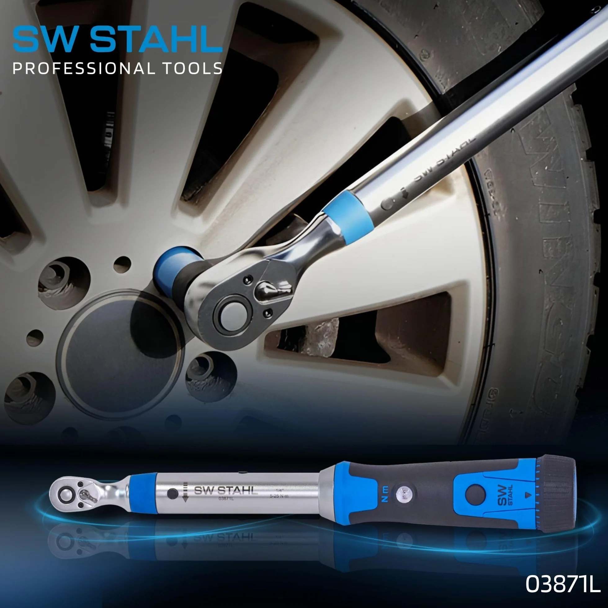 SW-Stahl 03871L Klucz Dynamometryczny 1/4 Cala, 5-25 Nm do Roweru i Auta | Precyzyjna grzechotka 48 zębów ze stali chromowo-wanadowej, blokada uchwytu, długość 323 mm, do warsztatu i motocykla.