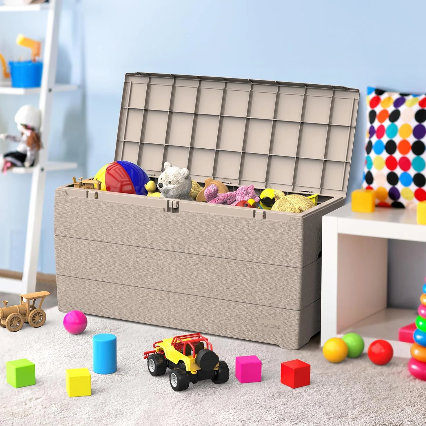 Duramax Cedargrain Durabox plastikowe pudełko do przechowywania, organizer na meble ogrodowe, zamykana pokrywa, plastikowe pudełko na poduszki z kółkami i uchwytami, pudełko na patio, ciepły taupe