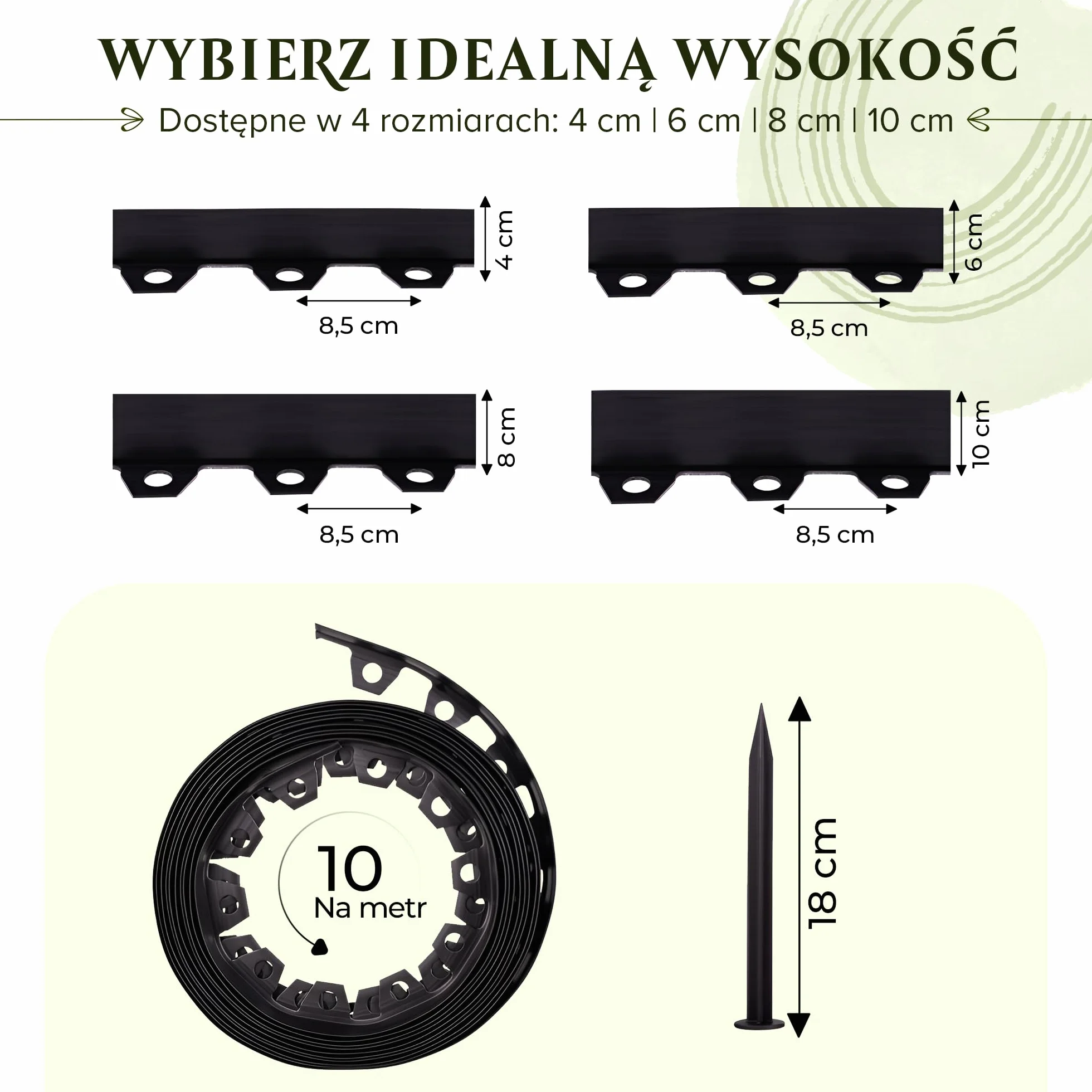 Elastyczne obrzeże trawnika 10 m 40 kotw gruntowych wysokość 4 cm czarne tworzywo sztuczne odporne na warunki atmosferyczne