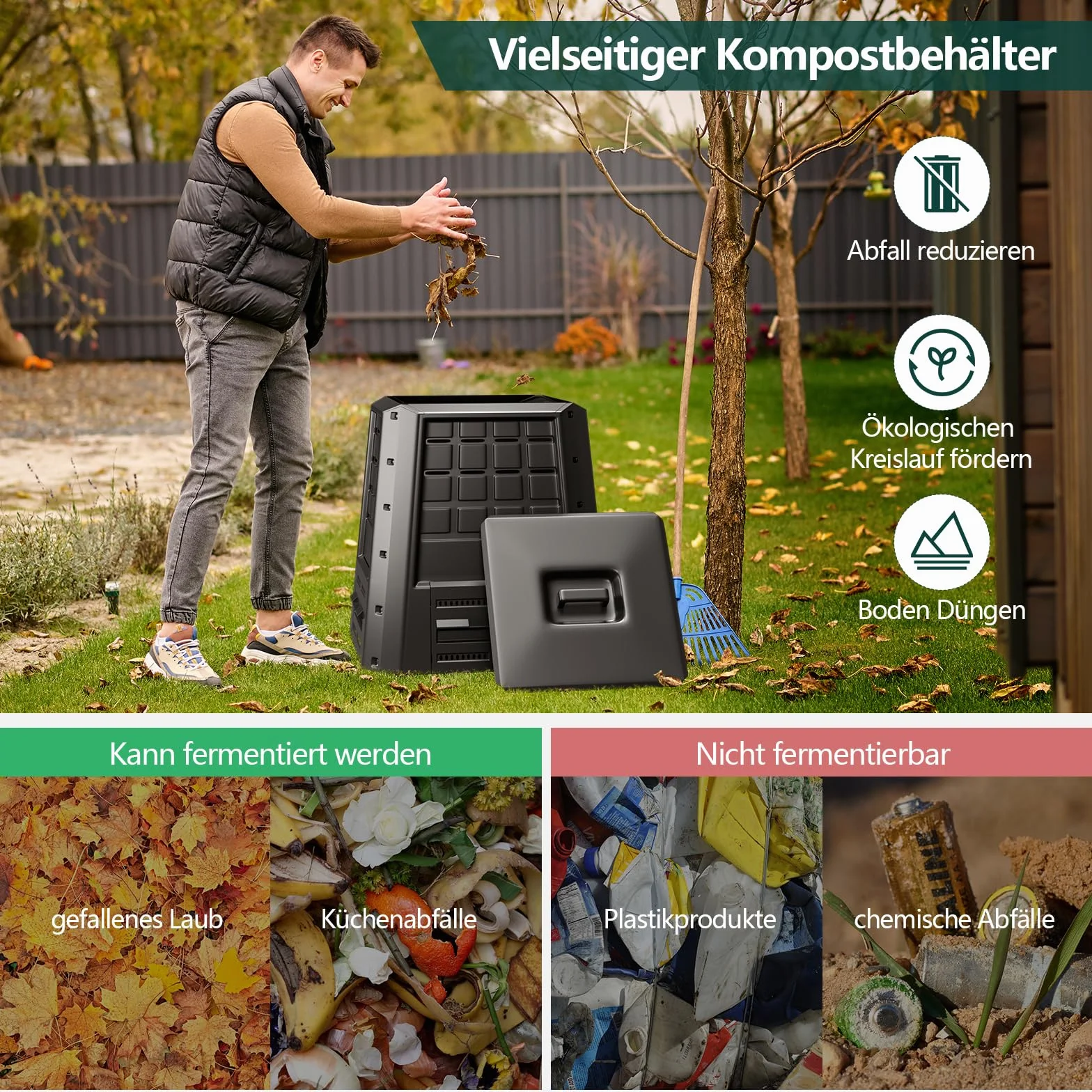 COSTWAY Kompostownik ogrodowy 380 l, PP, termiczny kompostownik z pokrywką i regulowanymi otworami powietrza, duży szybki kompostownik, do użytku na zewnątrz, na odpady ogrodowe, odpady organiczne, 78