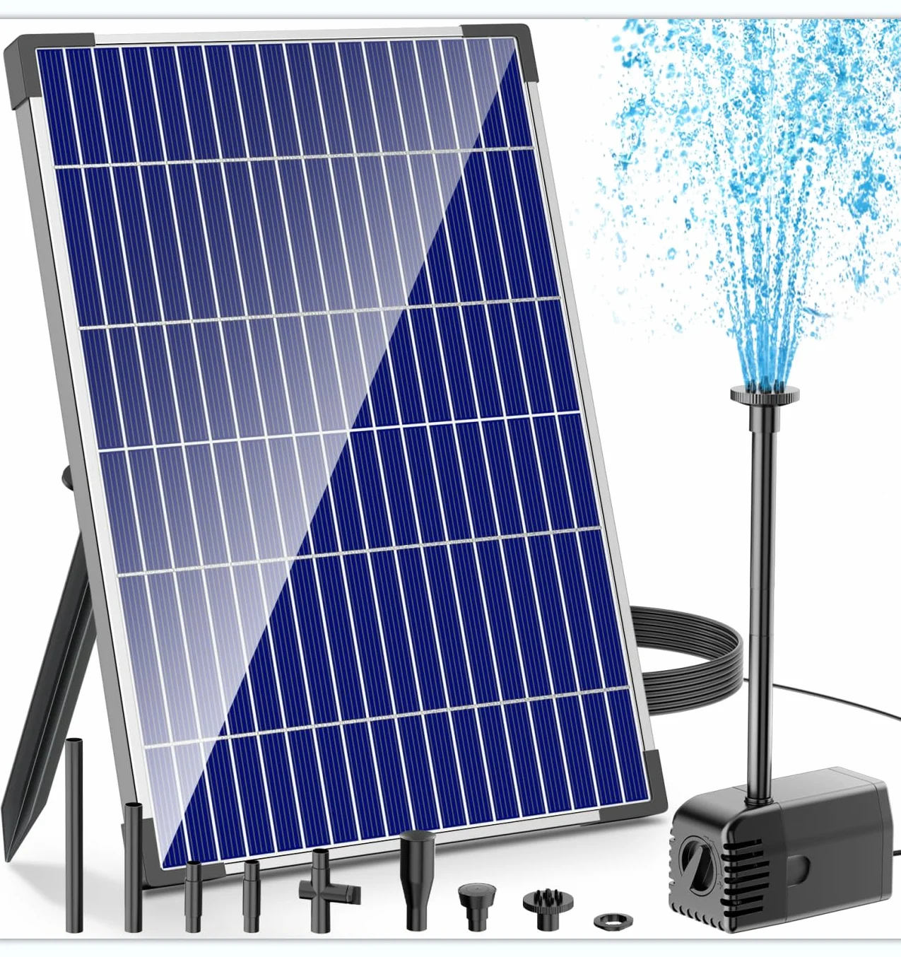 Biling Solarna pompa do oczka wodnego 12 W z cichą pompą 605 l/h, 4 dyszami, fontanna solarna z regulatorem przepływu, wąż do stawu ogrodowego do 700 l, "zrób to sam", dekoracyjna fontanna dla ptaków