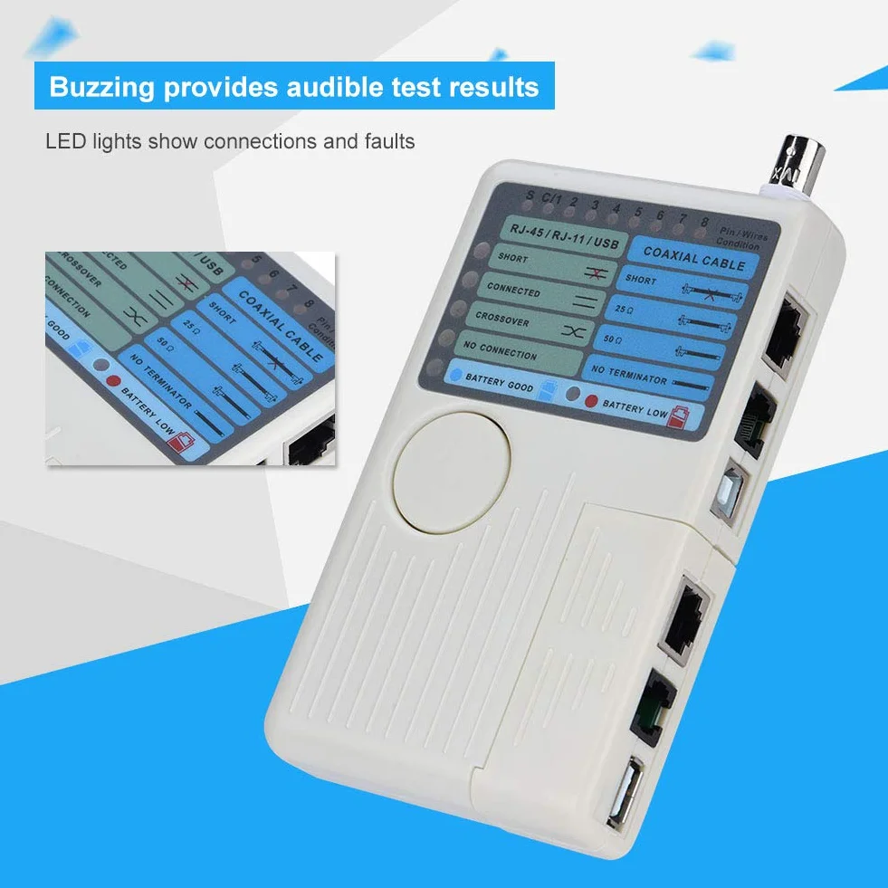 Optimal Shop Tester Kabli Sieciowych 4 w 1 Kabel LAN RJ45/RJ11/USB/BNC Tester Przewodów Cat5 Cat6, Narzędzie do Testowania Przewodów, Ergonomiczna, Przenośna Konstrukcja Podręczna