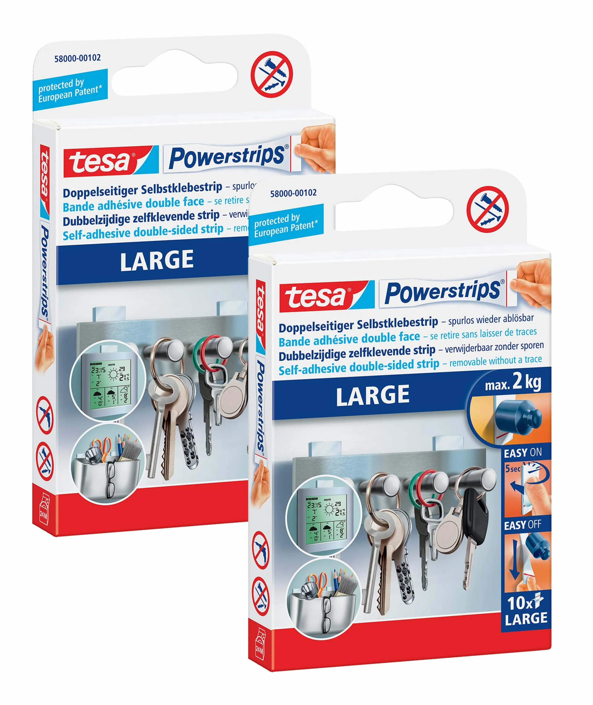 tesa Powerstrips Large - Dwustronne taśmy klejące do montażu przedmiotów na gładkich powierzchniach (2 opakowania)