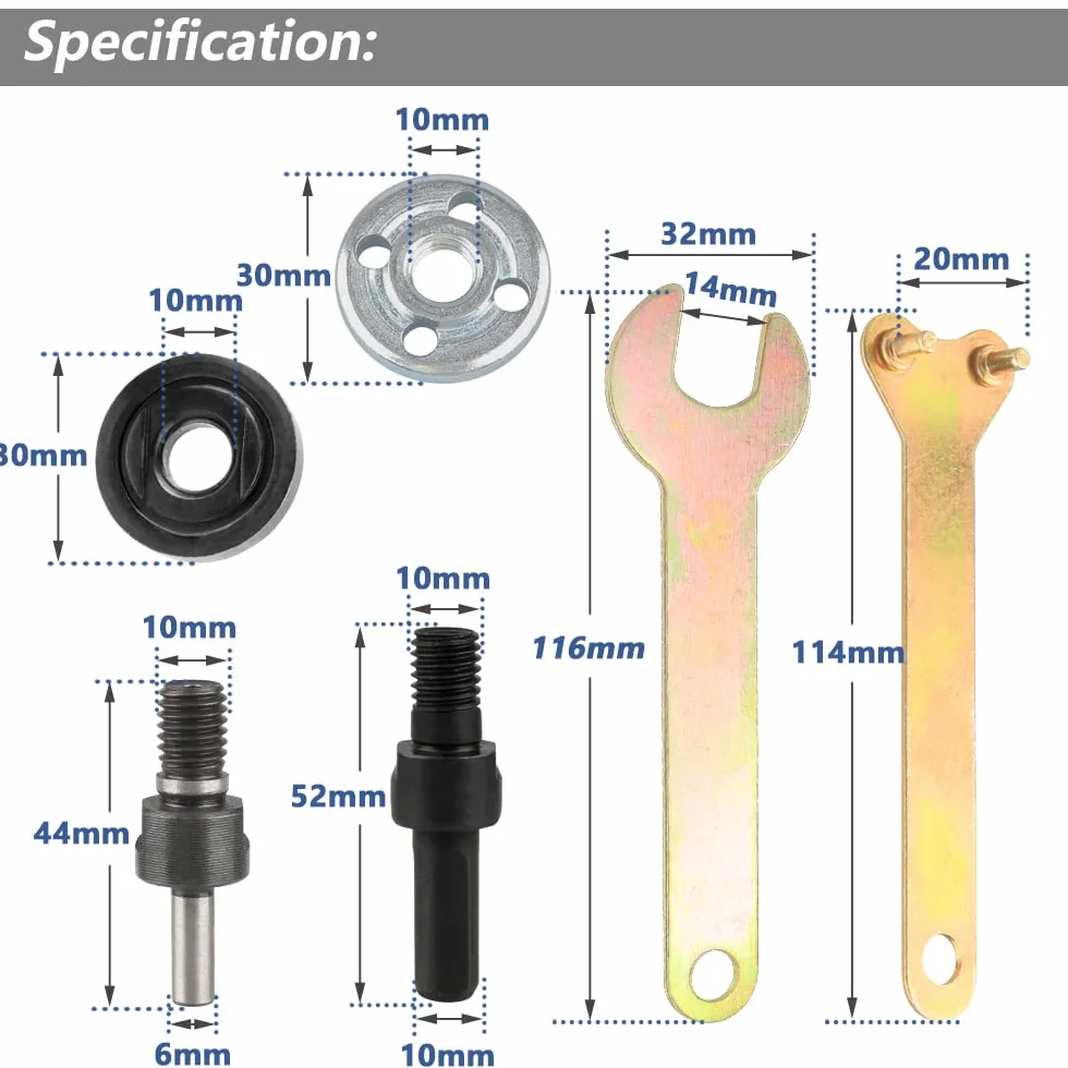 Yakamoz Adapter do szlifierki kątowej z zestawem części nakrętek kołnierzowych, adapter trzpienia trzpienia 6 mm i 10 mm z 3 zestawami wymiennych nakrętek kołnierzowych szlifierki i narzędzia do