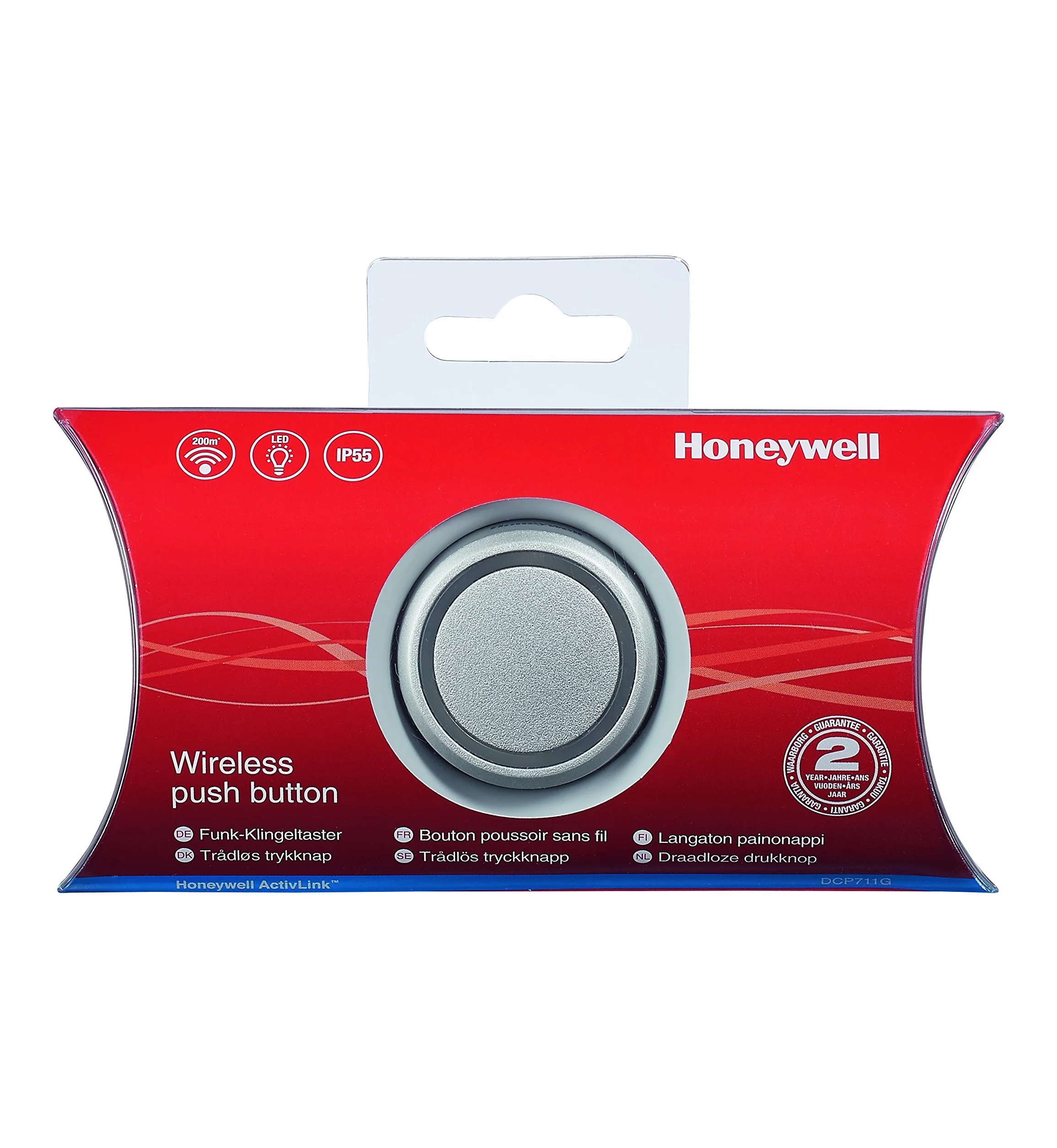 Honeywell DCP711G okrągły bezprzewodowy przycisk z lampką ufności LED, szary