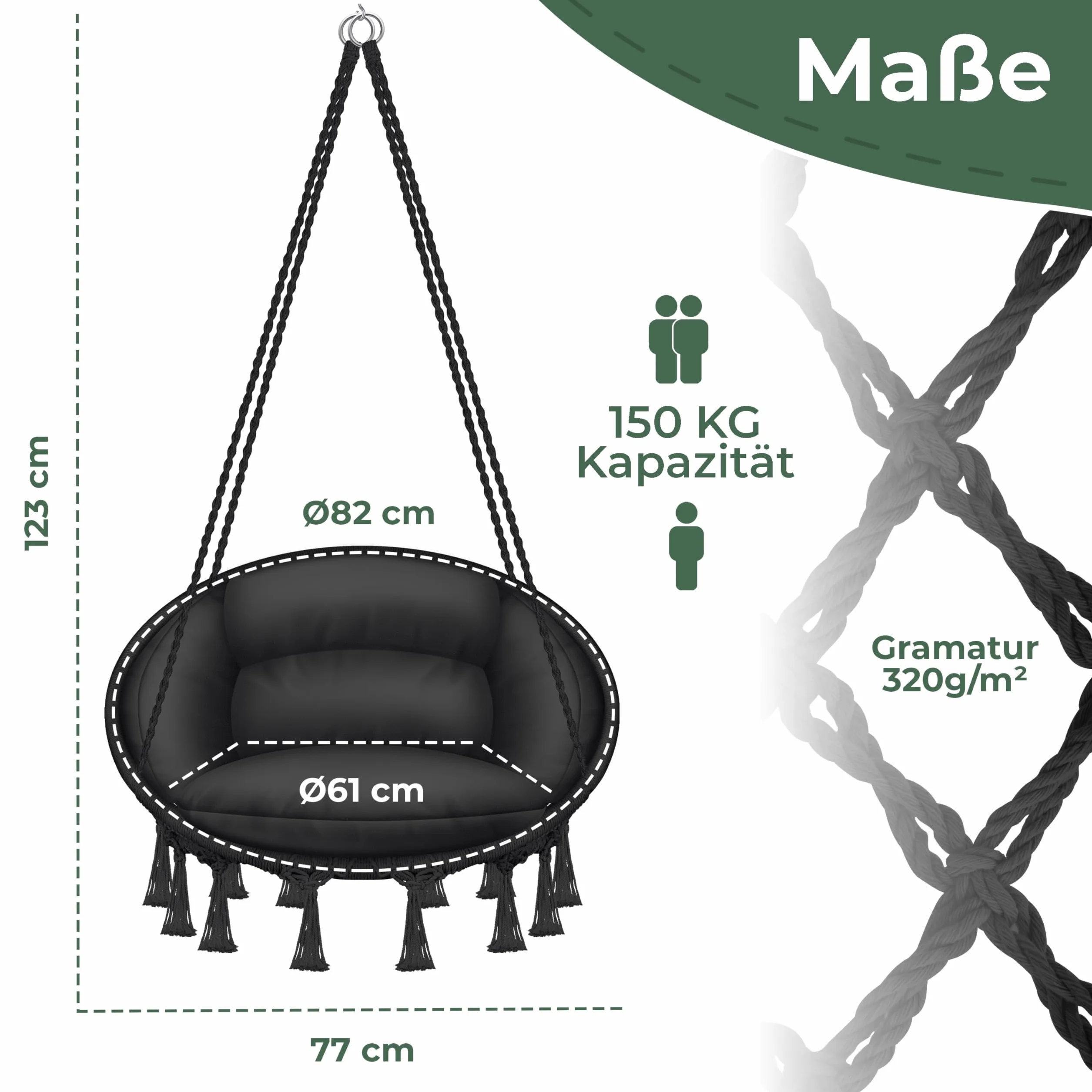 KESSER® Fotel wiszący z poduszką – Chill krzesło wiszące do zawieszenia dla dorosłych i dzieci, hamak do 150 kg, do zawieszenia wewnątrz i na zewnątrz, do salonu i ogrodu, na taras, czarny