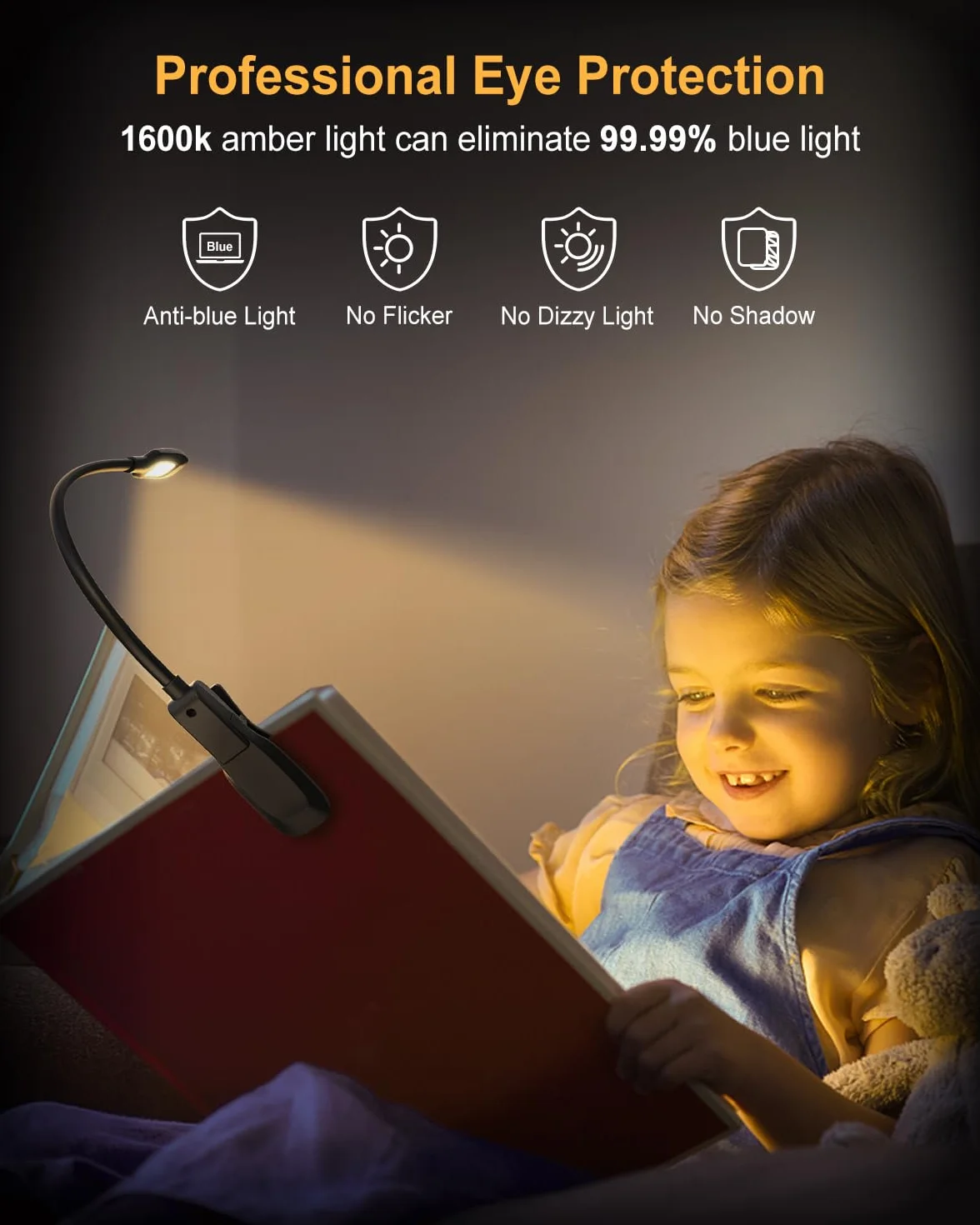 Lampka do czytania 16 LED, 【Odłączane ładowanie USB】 Yifacoom Lampki do książek w nocy w łóżku z 3 trybami ochrony oczu (bursztynowy, ciepły i naturalny), funkcja pamięci i bezstopniowe ściemnianie
