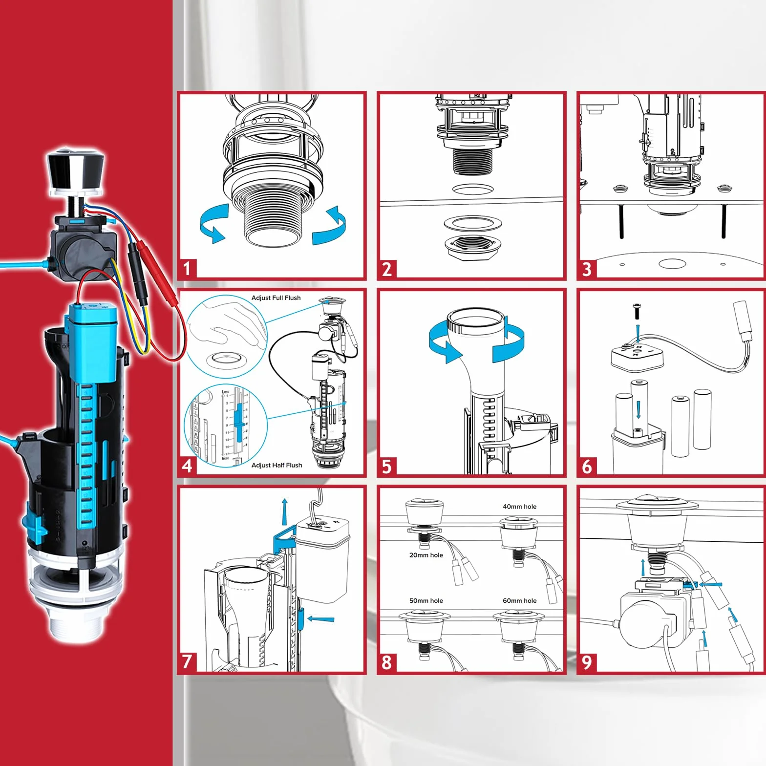 SPARES2GO Uniwersalny automatyczny zawór spłukujący do toalety 3.8 cm 5.1 cm bezdotykowy zbiornik WC podwójny automatyczny czujnik zestaw przycisków