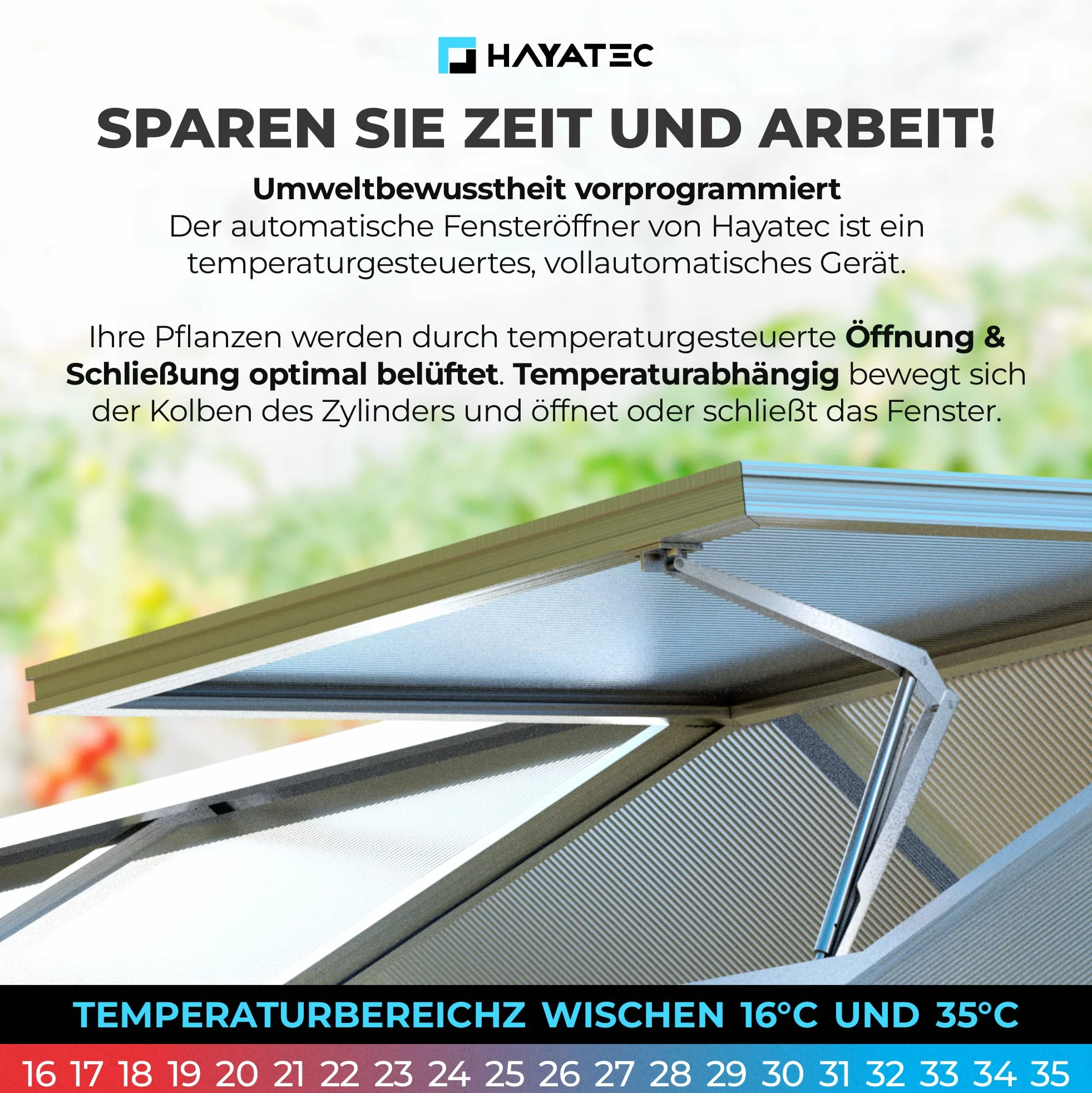 HAYATEC Automatyczny otwieracz do okien, szklarnia, otwieracz do okien, szklarnia – sterowany temperaturą, bez prądu, wytrzymały i odporny na warunki atmosferyczne – siła podnoszenia 7 kg, wysokość