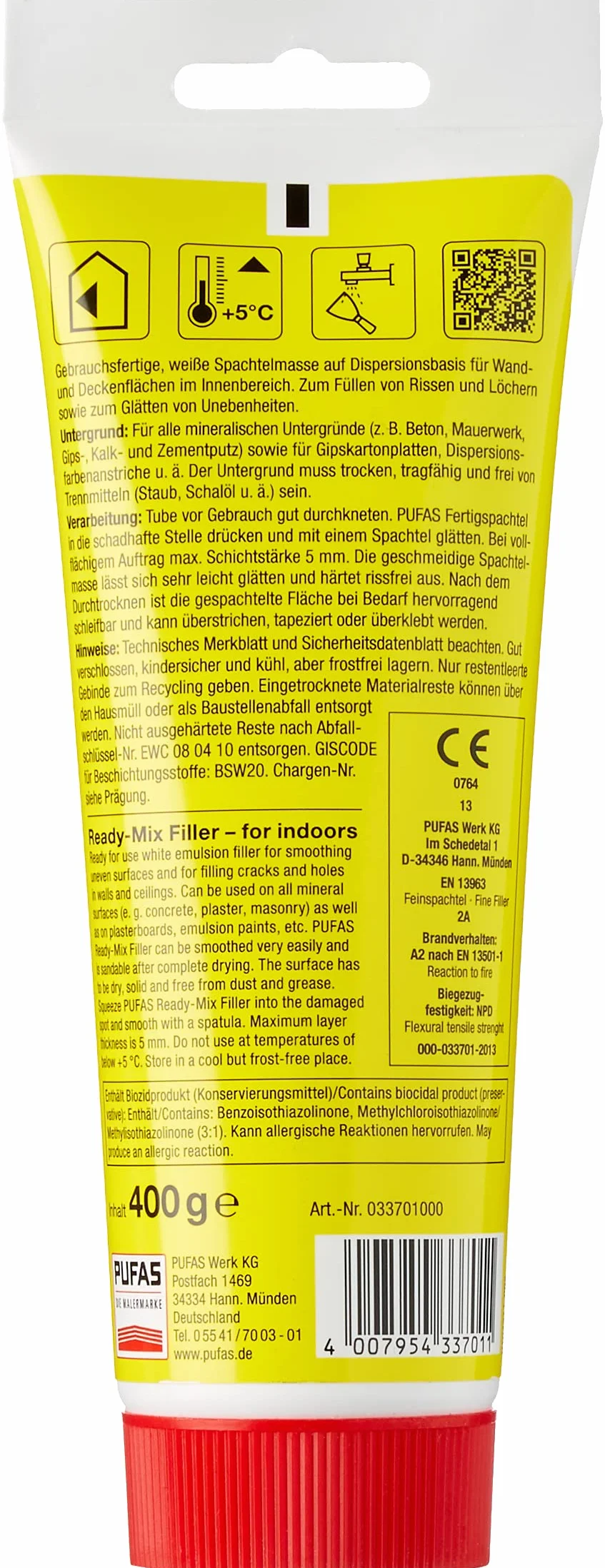 Pufas 033701000 Gotowa Masa Szpachlowa Wewnątrz, Biała, 400 g