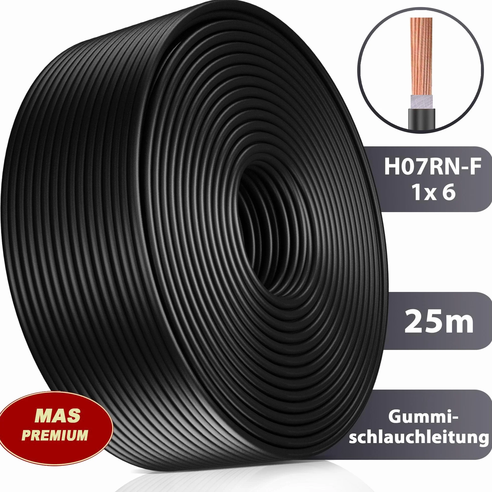 Przewód gumowy od 5 do 100 m, kabel zasilający na plac budowy H07RN-F 1 x 6 mm², elastyczny przewód do ciężkich urządzeń (25 m)