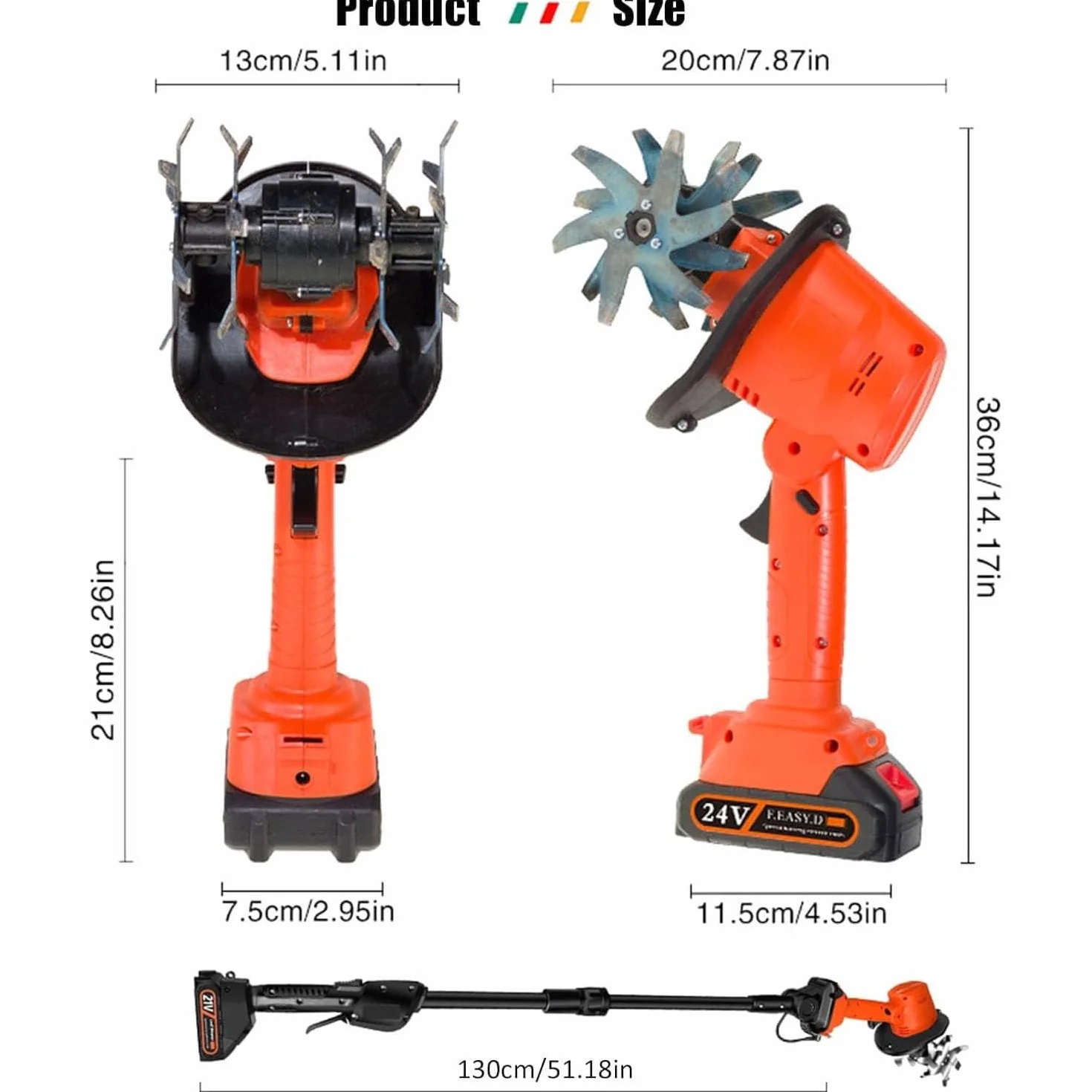 Bezprzewodowa elektryczna glebogryzarka, 21 V mini glebogryzarka z 4 rzędami zębów, głębokość robocza 10 cm, tyczki przedłużające 1,3 m, do uprawy warzyw, szklarni 2-Battery