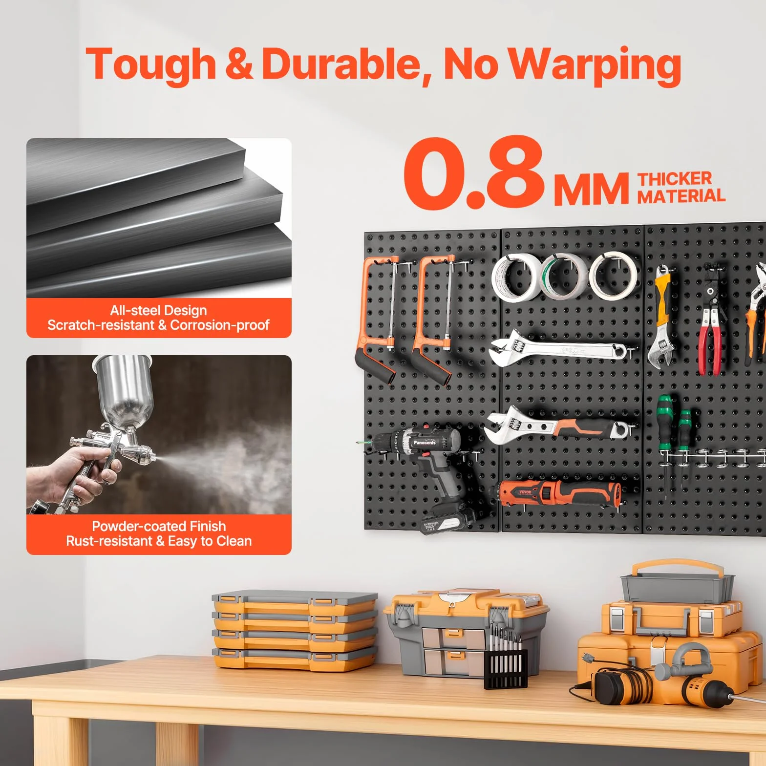 VEVOR Metalowe panele pegboardowe, 61 x 30 cm, 3 panele, wytrzymała stalowa tablica na śledzie, organizer ścienny, do salonu, garażu, przechowywania narzędzi, stołu warsztatowego, organizacji biura,
