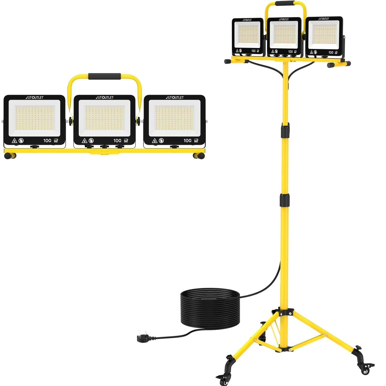 AUTOUTLET Reflektor budowlany LED ze statywem i kółkami, 300 W, 27000 lm, 3 temperatury barwowe, statyw z regulacją wysokości, kabel 5 m, wodoszczelność IP66, zdejmowana lampa budowlana do garażu, na