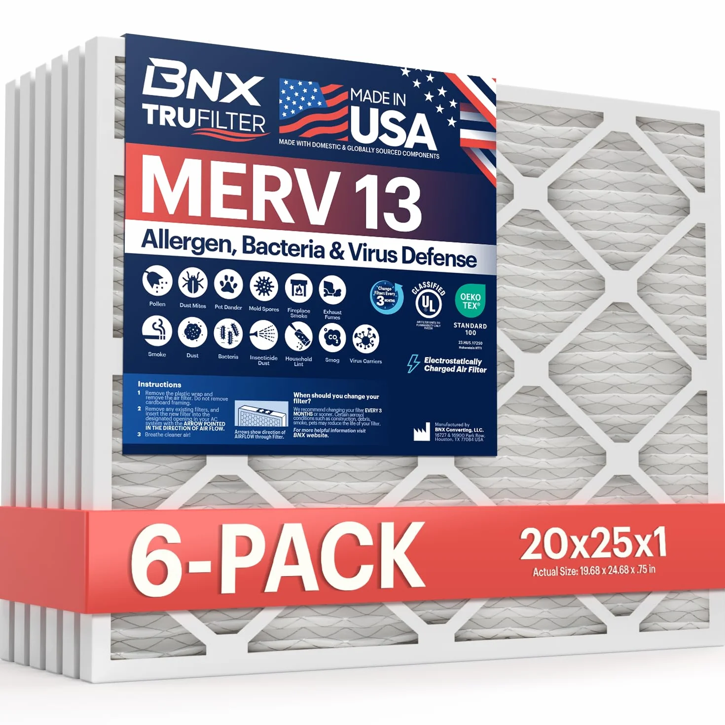 BNX TruFilter 20x25x1 MERV 13 (6-pak) Filtr powietrza do pieca AC, WYKONANE W USA, elektrostatyczne plisowane filtry do klimatyzatora HVAC AC, bakterie, dym (rzeczywisty rozmiar: 19 11/16''x24
