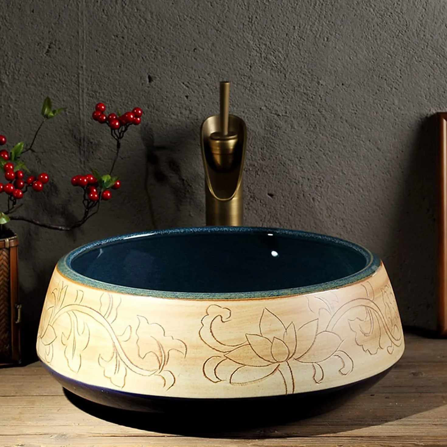 Ceramiczna Umywalka Łazienkowa, Ceramiczna Umywalka Nablatowa, Okrągła, Grawerowana Umywalka Łazienkowa, Artystyczna Umywalka Nablatowa 41 * 41 * 15 Cm, Minimalistyczna Umywal,Green Singlebasin
