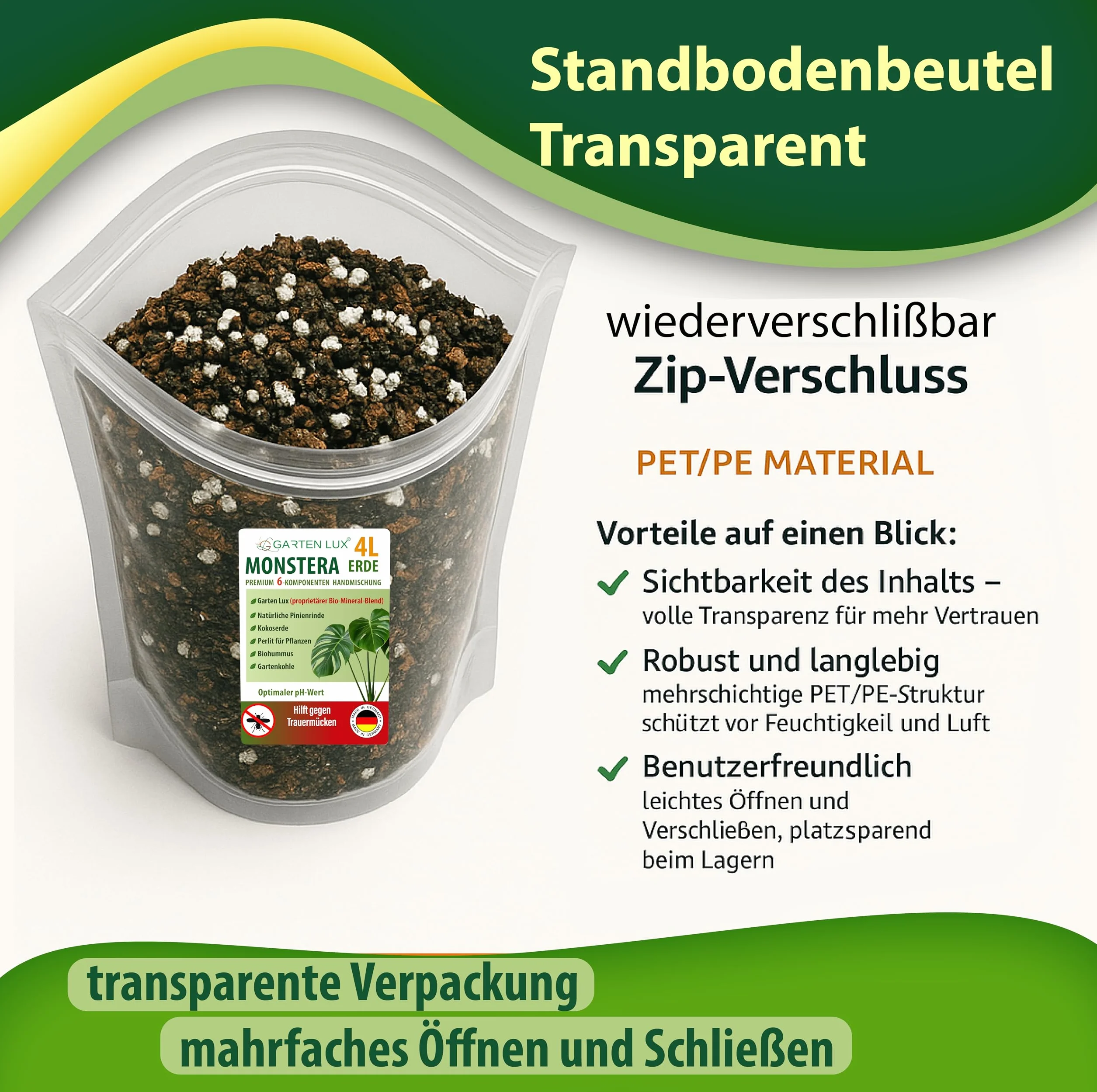 Garten Lux Monstera Terra 4 l bez torfu - 6 w 1 przeciwko komarom żałobnym | aroidalne podłoże | ziemia kokosowa, perlit, kora sosnowa, biohumus, węgiel ogrodowy + tajny kompleks |
