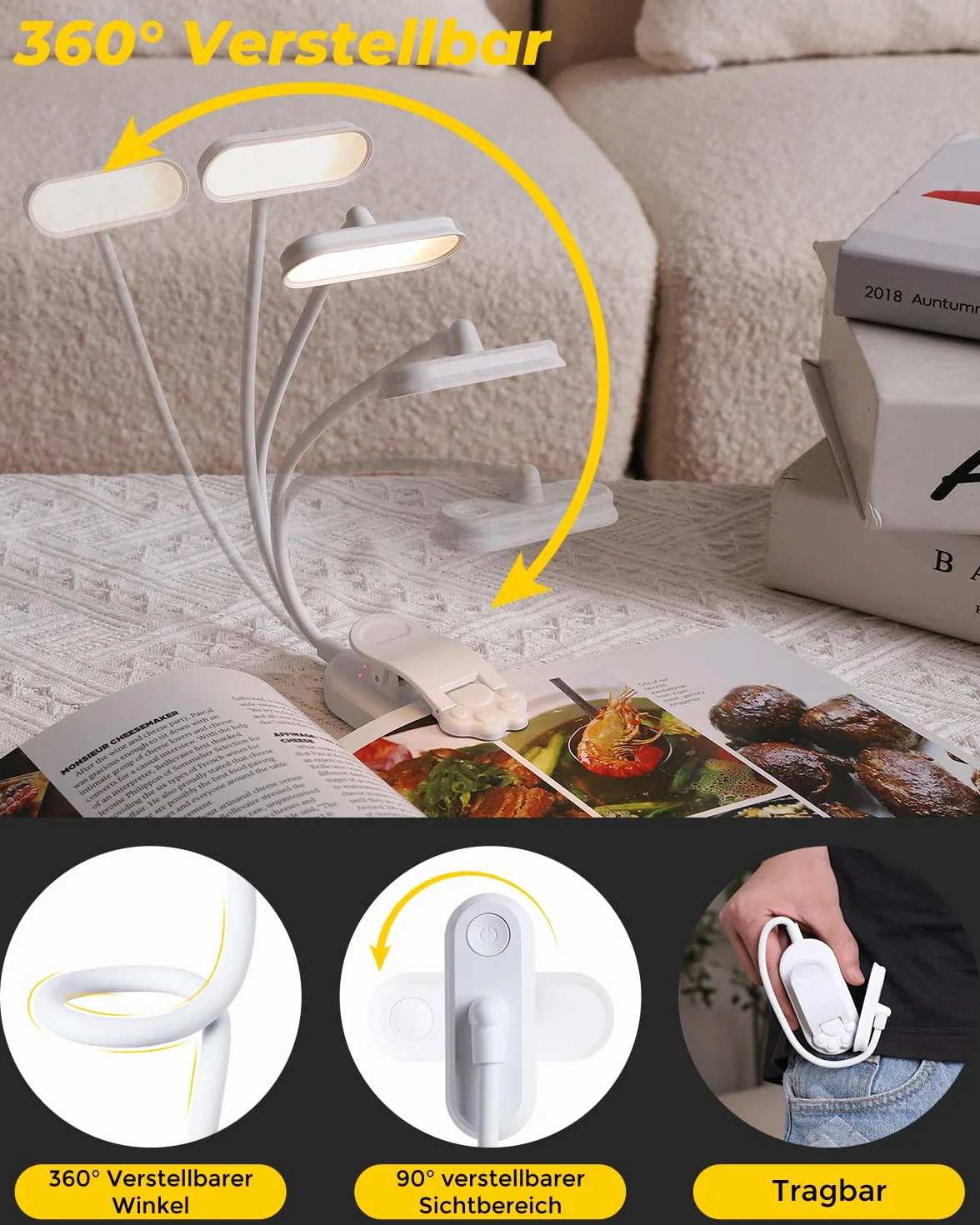 Bonsery Lampa do czytania książek, zacisk 360°, elastyczna, USB C, 16 diod LED, z bezstopniowym ściemnianiem i 3 dopasowaniem kolorów, lampka zaciskowa, lampka do czytania w nocy, biała
