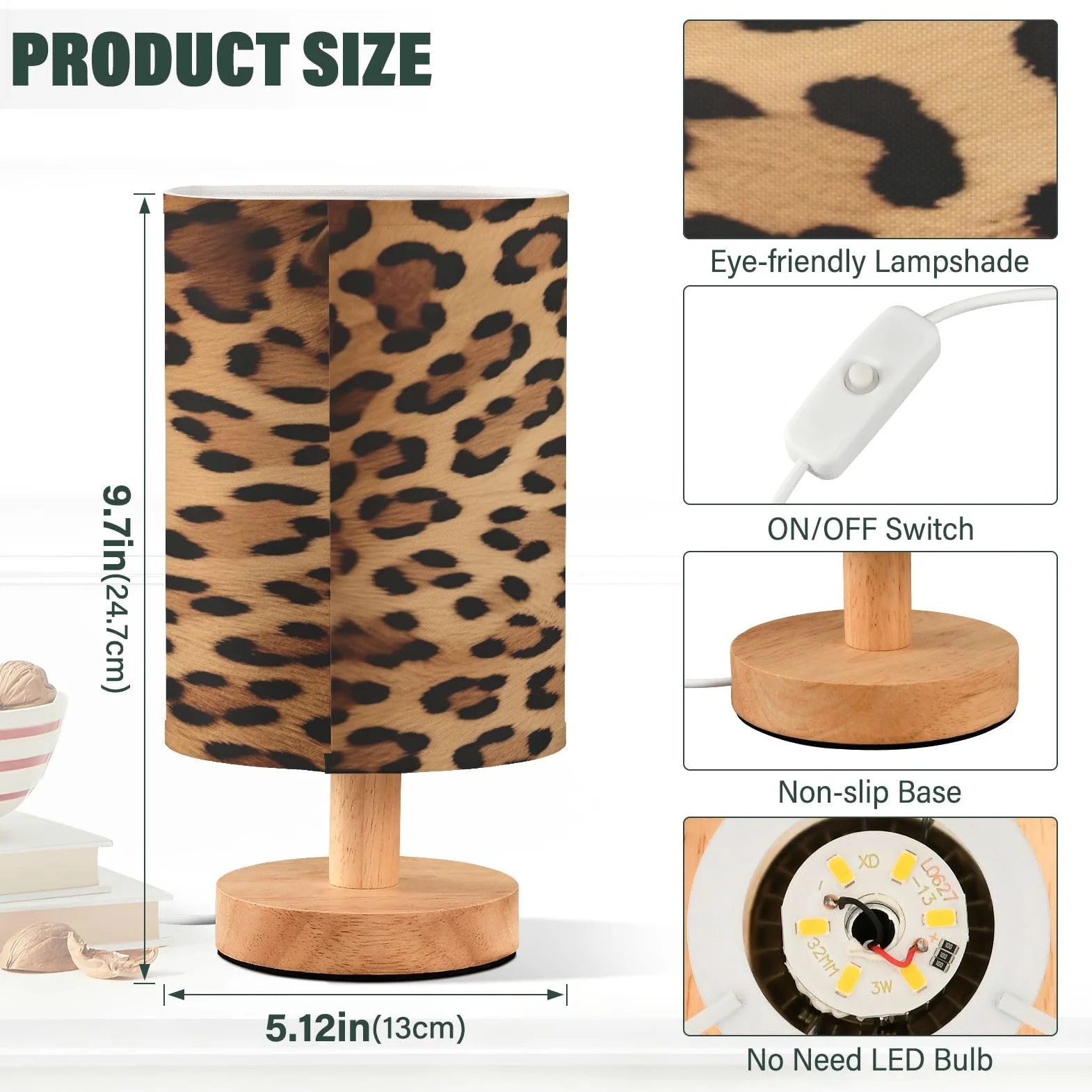 Lampa biurkowa LED USB z nadrukiem lamparta, mała lampka nocna z antypoślizgową drewnianą podstawą, cień, do salonu, sypialni, akademika, stylowe i funkcjonalne oświetlenie
