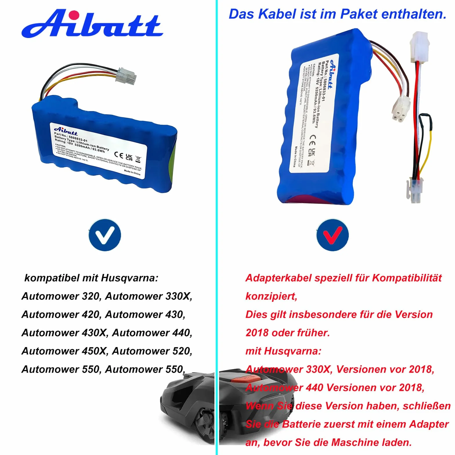 Akumulator zapasowy do kosiarki Husqvarna Automower 320, 330X, 420, 430, 430X, 440, 450X, 520, 550, 5200mAh/18V