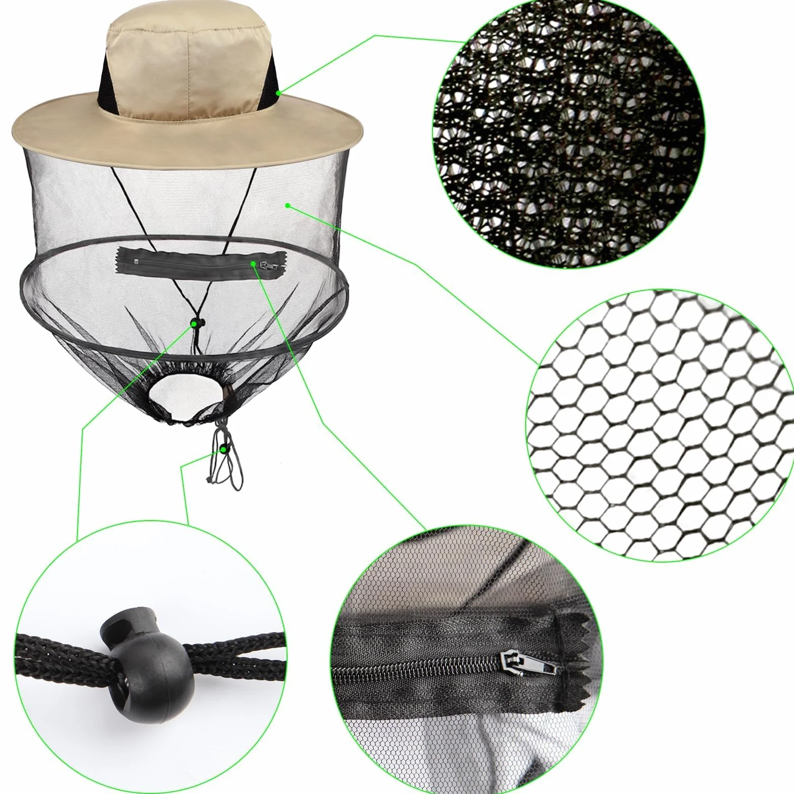 Czapka pszczelarska Mbsomnus, ciemnobeżowa moskitiera, zdejmowany kapelusz przeciwsłoneczny, szybkoschnący, szerokie rondo, ochrona przed słońcem, kemping, beżowy