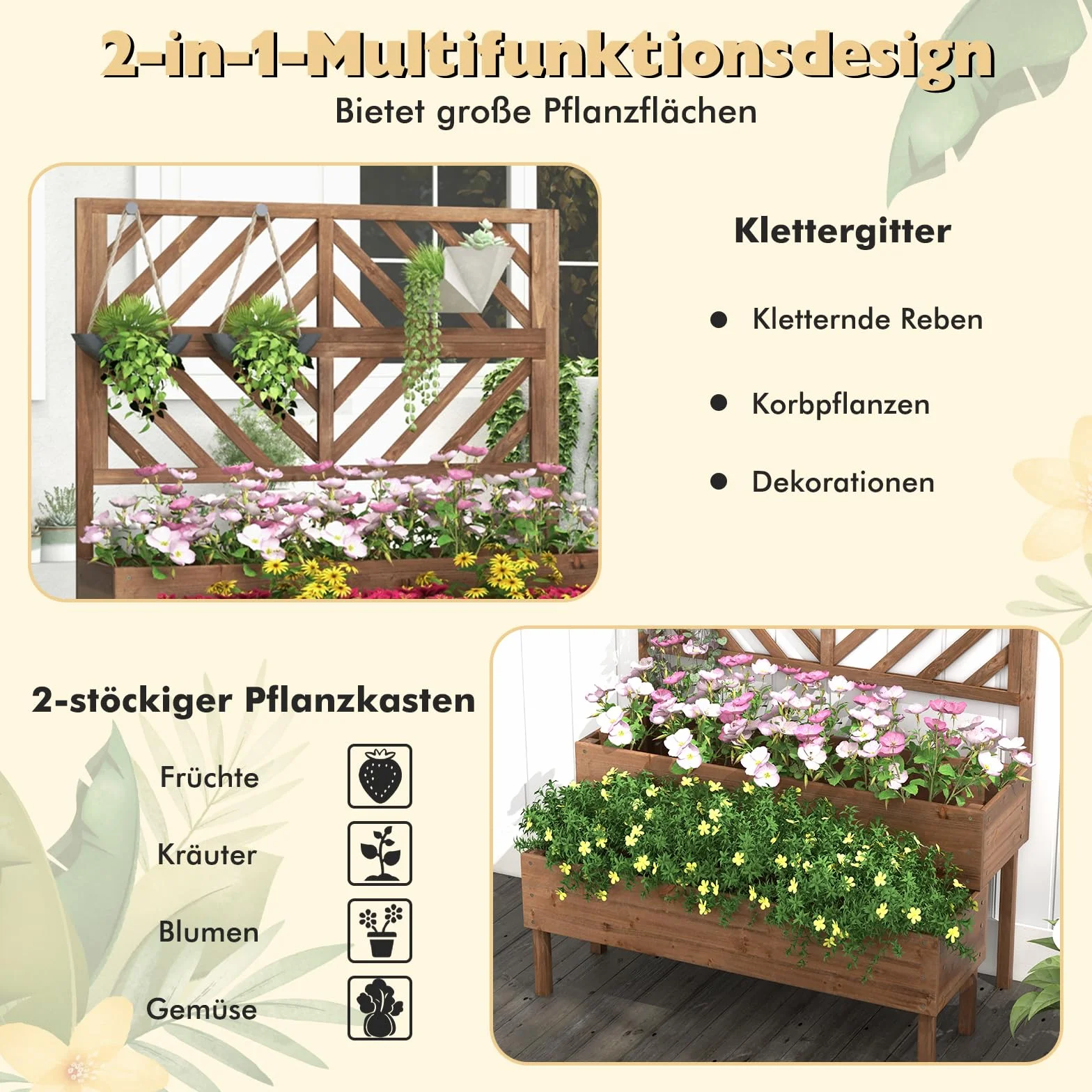 COSTWAY Skrzynka na kwiaty z pergolą z drewna jodłowego, pergola ogrodowa z 2 skrzynkami na rośliny pnące, podwyższona grządka z kratką dla roślin pnących i otworem drenażowym, donica na kwiaty do