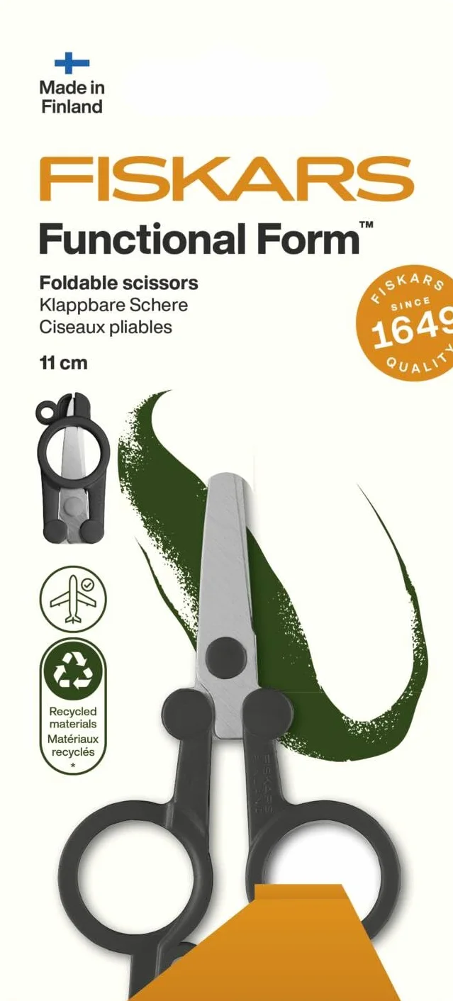 Fiskars Składane nożyczki podróżne ReNew, długość: 11 cm, stal nierdzewna z recyklingu/plastik z recyklingu, funkcjonalny kształt, czarne, 1075352