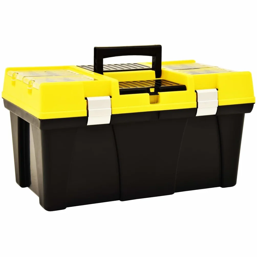 Walizka narzędziowa z tworzywa sztucznego, żółta, z regulowanymi ściankami działowymi, 595 x 337 x 316 mm, można układać w stos i zamykana, organizer do warsztatu, garażu, gospodarstwa domowego
