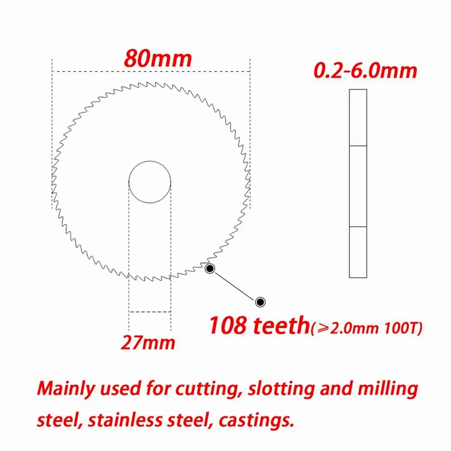 1 szt. 80 mm frez otwór 22 25,4 27 mm tarcze tnące z węglika spiekanego 80 CNC ostrze cięte ze stali nierdzewnej aluminium(Bore 27mm,Cut Thickness 0.6mm)