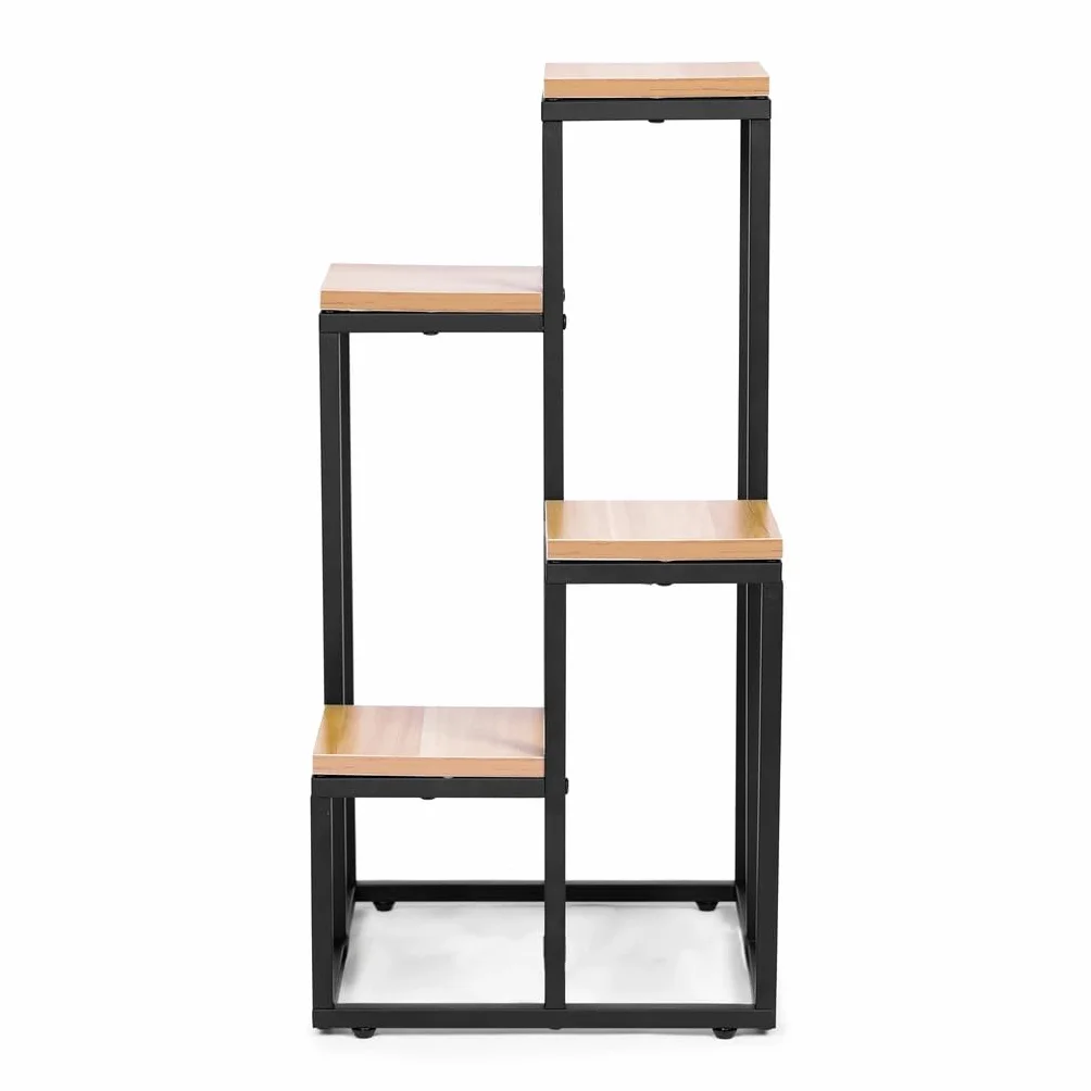 POKKA Kwietnik Stojący Metalowy, Stal Malowana Proszkowo z MDF, Czarny/Dąb, 4-Poziomowy, 69,5 x 34 x 34 cm, Obciążenie 15 kg na Półkę