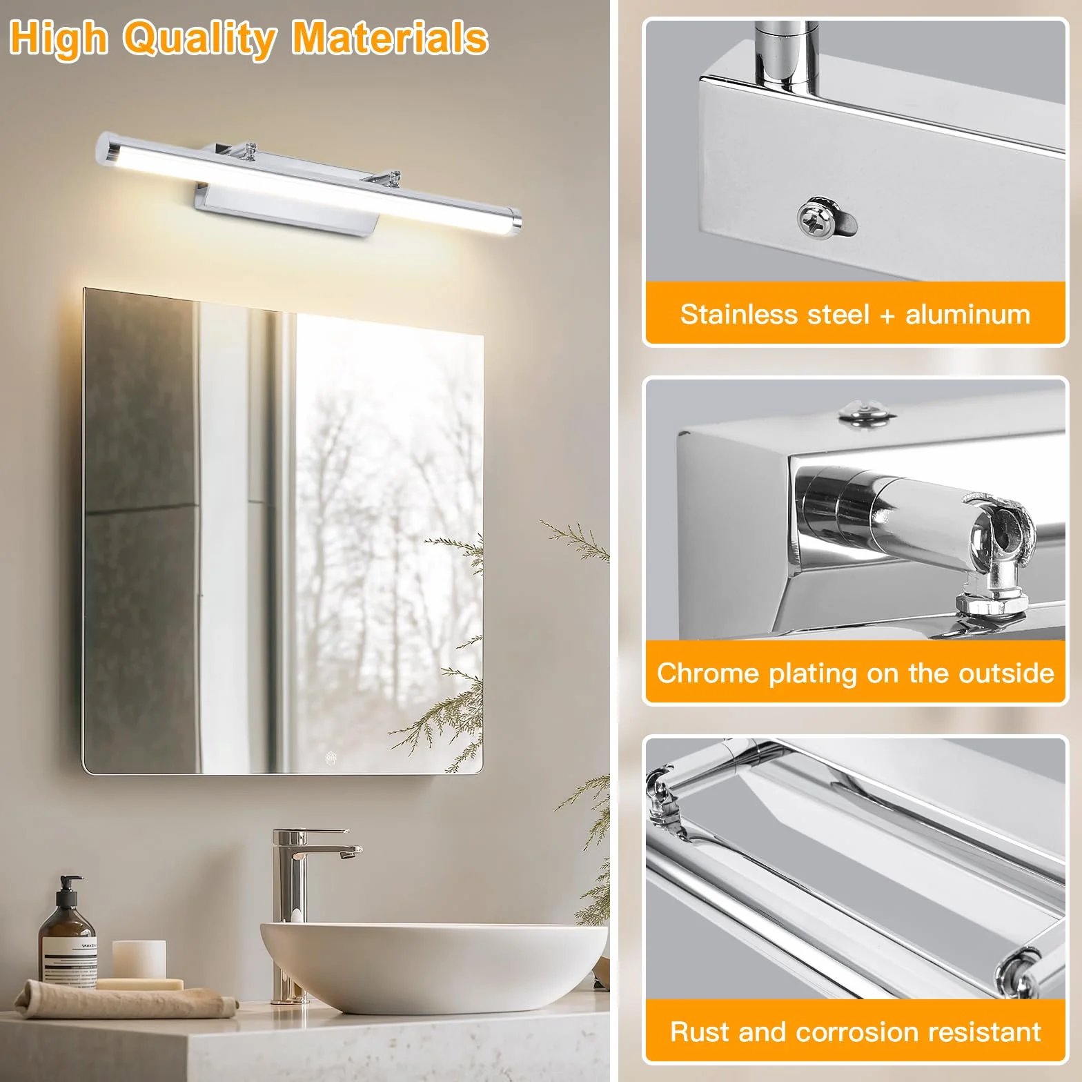 Lampa LED nad lustro łazienkowe, 42 cm, 9 W, z włącznikiem, IP44, oświetlenie ścienne, neutralna biel, 4000 K, 730 lm, do łazienki, lustro łazienkowe, lampa ze stali nierdzewnej, lustro