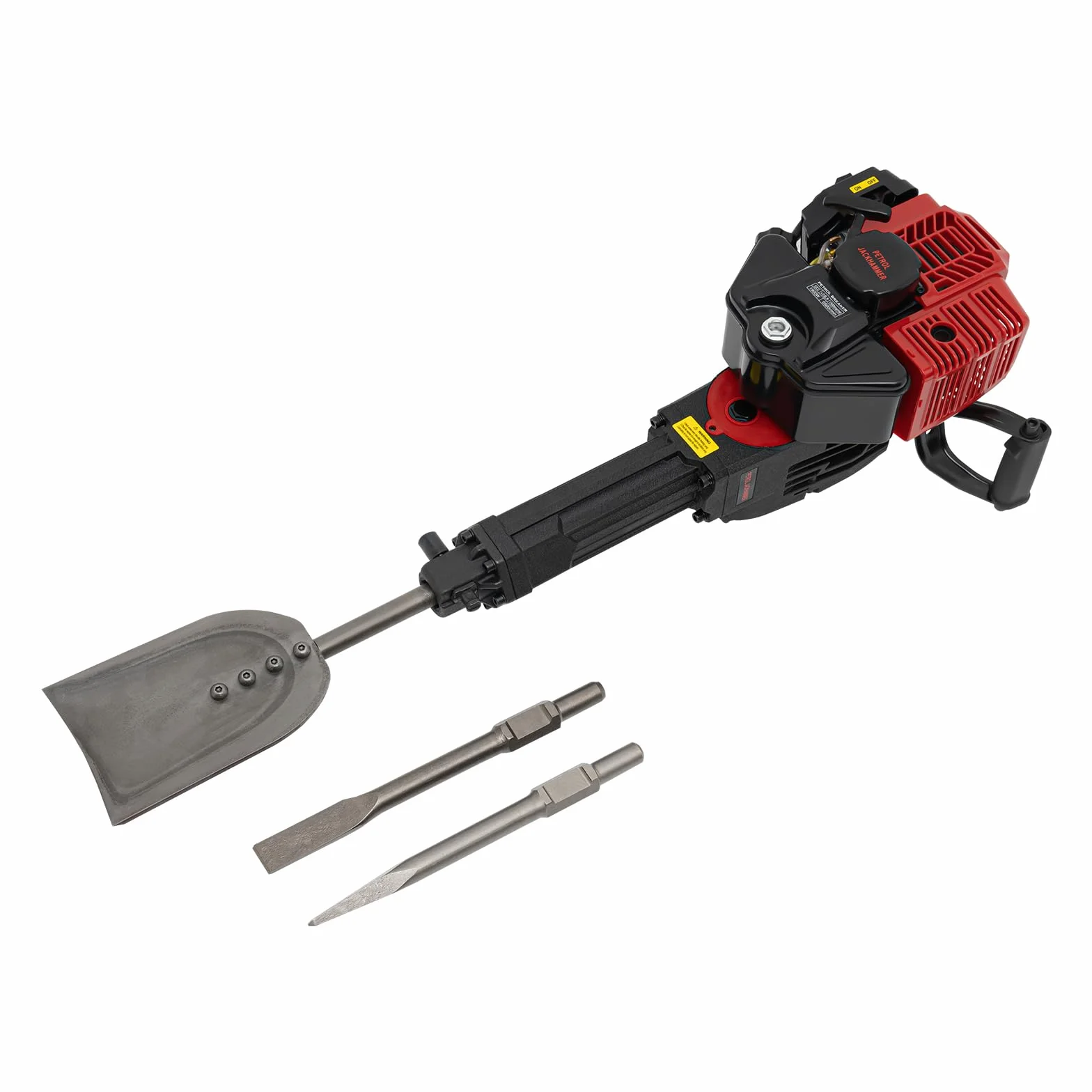Młot pneumatyczny, benzynowy, młotowiertarka udarowa, 2-suwowy, 52 cm³ i 1900 W, energia udaru 55J, w zestawie 3 dłuta płaska, do ogrodu i leśnictwa