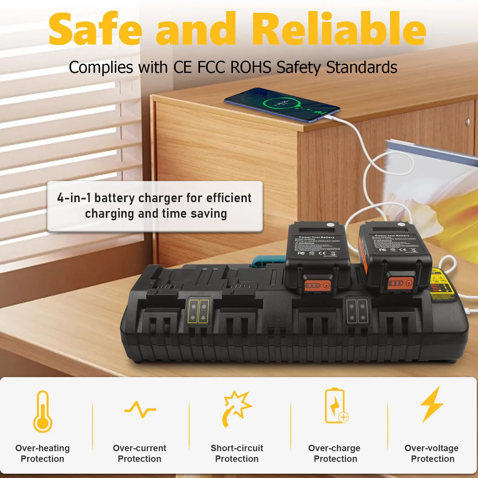 DCB104 4-portowa szybka ładowarka do akumulatora DeWalt 20V/60V Max, z portem USB kompatybilna z baterią DeWalt 20V/60V DCB206 DCB208 DCB205 DCB606 DCB609Y DCB612 i ładowarką DCB104 DCB107 DCB1155