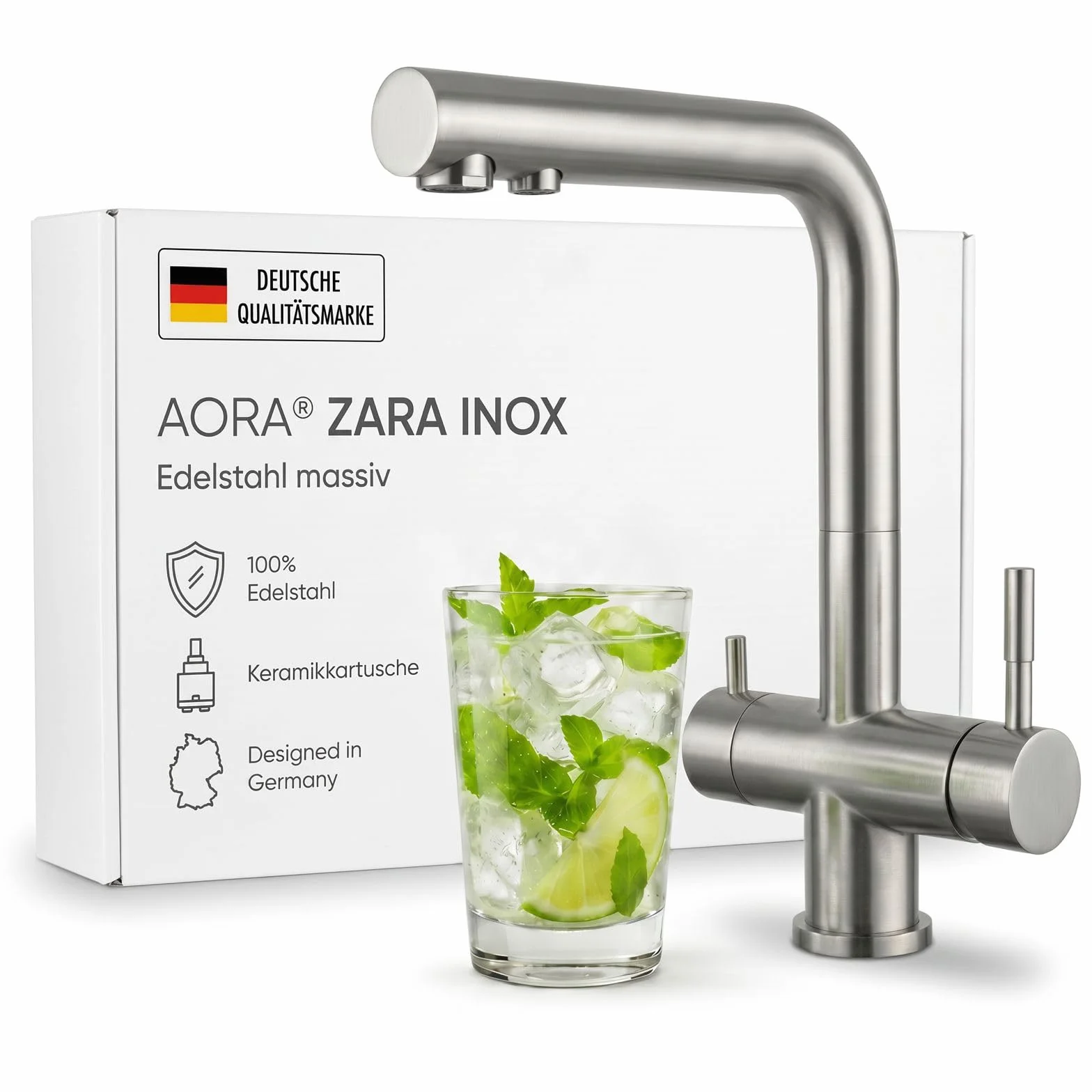 AORA® | LOUIS INOX 3-drożny kran ze stali nierdzewnej | armatura kuchenna obracana o 360° z masywnej stali nierdzewnej 304 | armatura zlewozmywakowa do filtrów wody, instalacji osmotycznych | kran filtra wody
