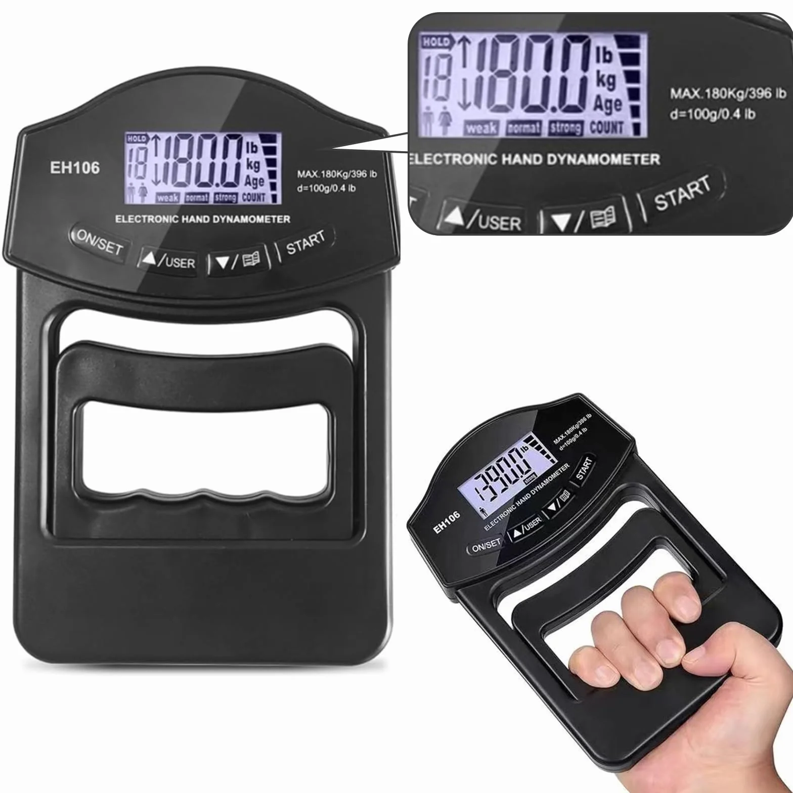 Ręczny dynamometr, siła uchwytu 180 kg, LCD, elektroniczny wyświetlacz cyfrowy, urządzenie do pomiaru siły ręcznej, automatyczne wykrywanie przyczepności, tester, wzmacniacz chwytu, do