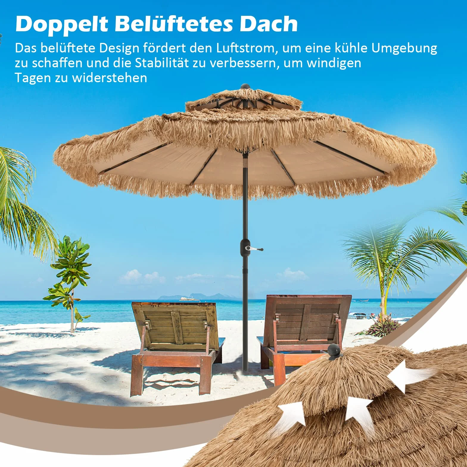 COSTWAY Hawaii parasol przeciwsłoneczny, 270 cm, Podstawa parasola nie jest dołączona, słomkowy parasol z podwójnym dachem, parasol ogrodowy, odchylany, słomkowy parasol plażowy