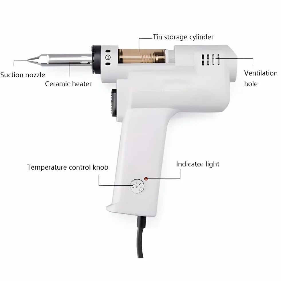 Elektryczny pistolet do rozlutowywania 100 W, przenośne narzędzie do rozlutowywania próżniowego z podwójną pompą powietrzną, ergonomicznym uchwytem i regulowaną temperaturą, dla początkujących