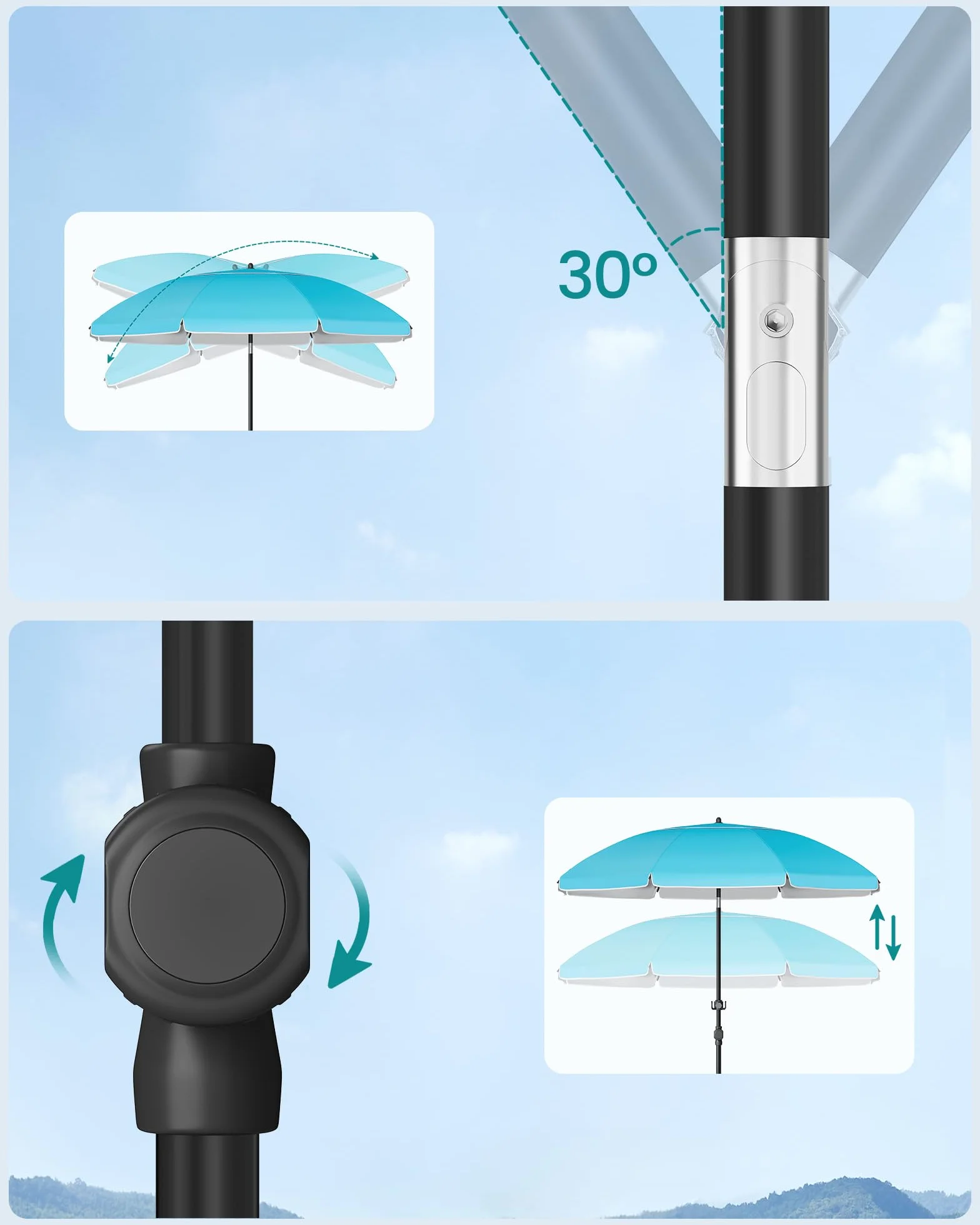 SONGMICS Parasol Plażowy 160 cm UPF 50+ Składany 30° Niebieski