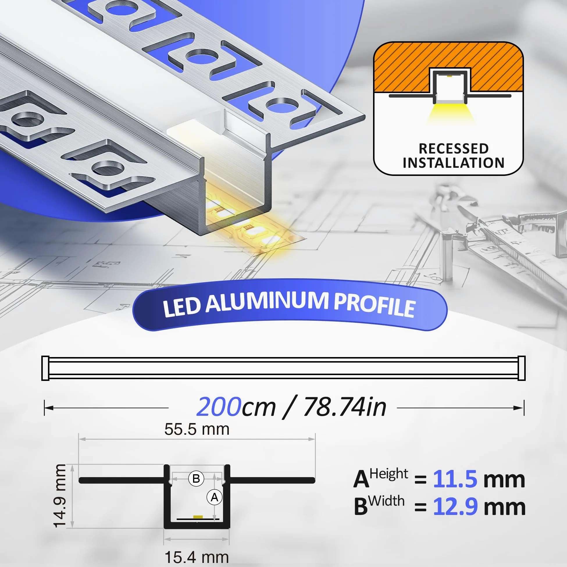 6 x profil LED do suchej zabudowy 2 m, szyna LED 2 m, profil aluminiowy, szyna podtynkowa i dyfuzor natynkowy do oświetlenia pośredniego sufitu