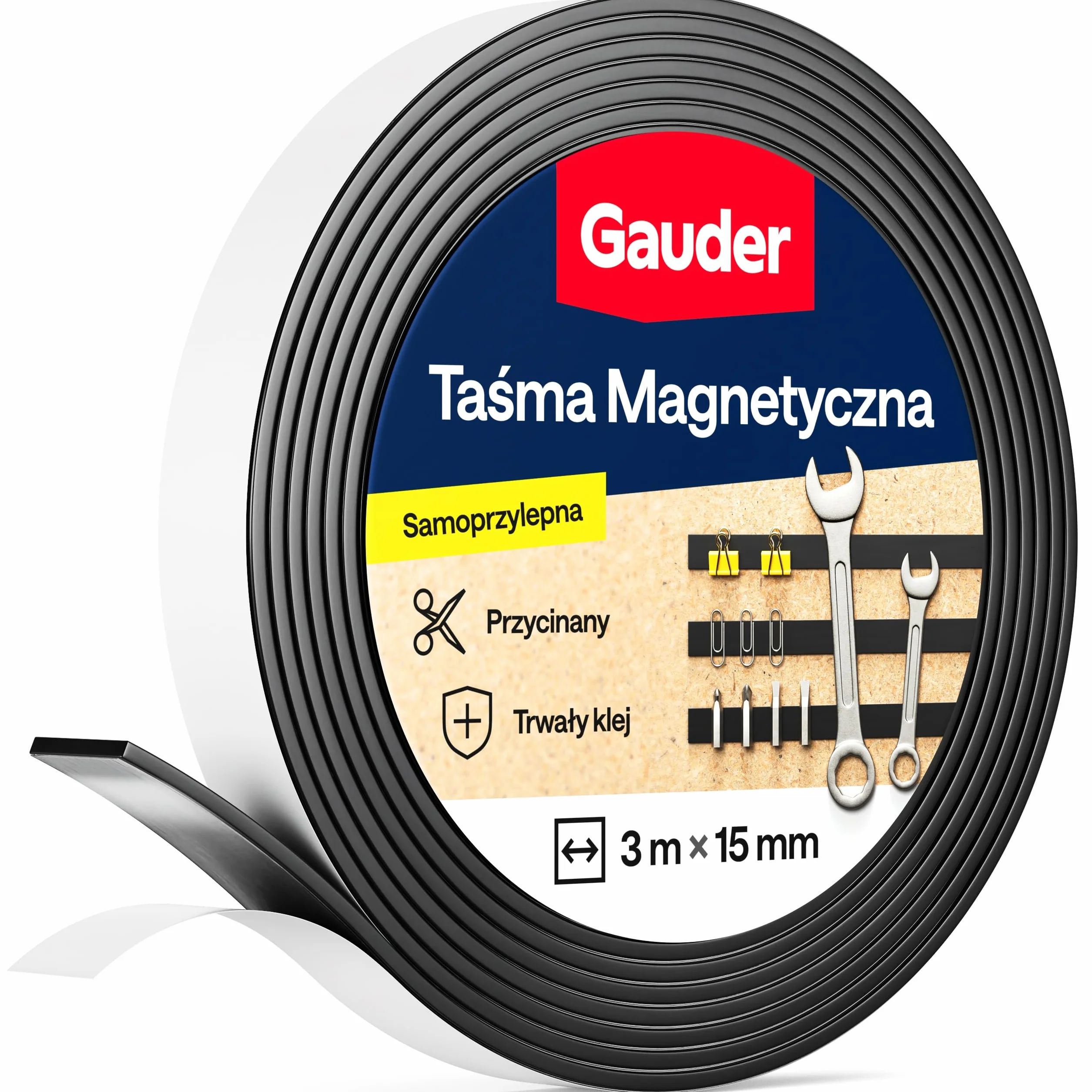 GAUDER Taśma Magnetyczna z Klejem 3M - Samoprzylepny Pasek Magnetyczny do Cięcia - Mocny Magnes z Wysoką Przyczepnością i Trwałą Warstwą 3M (3 m x 15 mm)