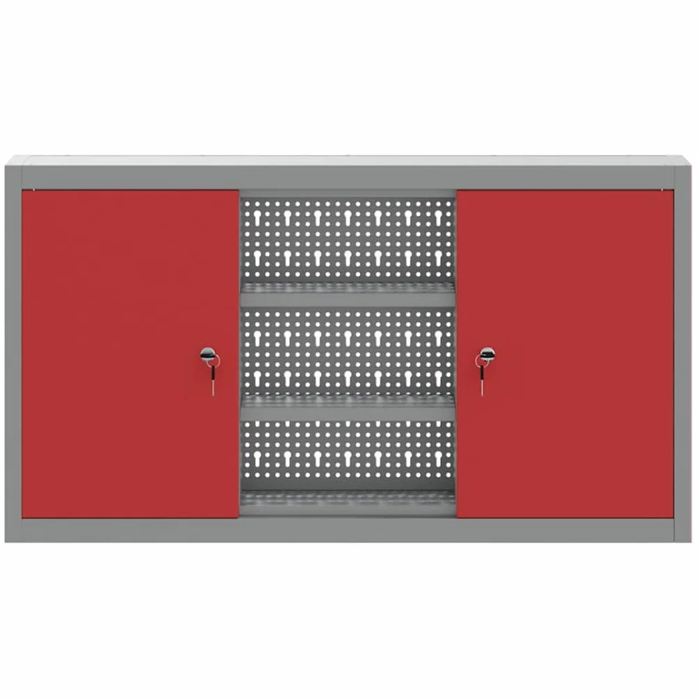 Szafa narzędziowa, szafka warsztatowa, szafka magazynowa z regałem, zamykana na klucz, 100 x 20 x 55 cm, czerwona i szara, 2 zamki krzywkowe, 6 półek, do warsztatu
