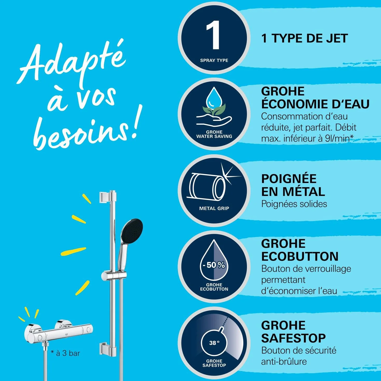 GROHE Precision Get 34856000 zestaw prysznicowy z termostatem oszczędzający wodę – 9 l na min (1 rodzaj strumienia, blokada bezpieczeństwa przy 38 C, drążek prysznicowy 60 cm, w zestawie z narzędziami