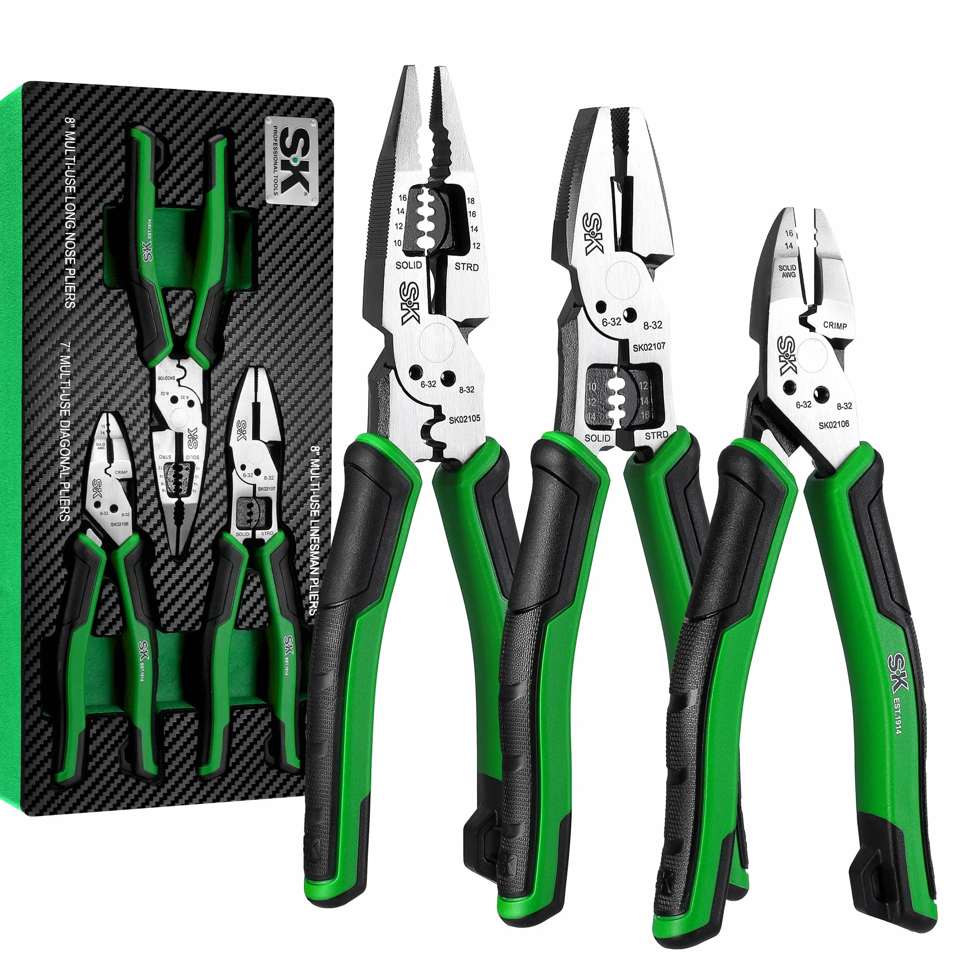 SK 3-częściowy zestaw szczypiec, 20 cm wielofunkcyjne szczypce do nosa do makaronu, 18 cm wielofunkcyjne szczypce ukośne i 20 cm wielofunkcyjne szczypce Linesman, konstrukcja CR-V, antypoślizgowy