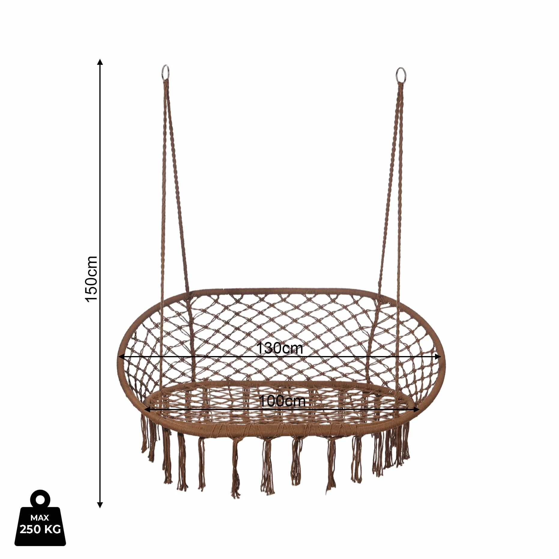 Rebecca Mobili 2-osobowa sofa bujana, fotel wiszący relaksacyjny, brązowy, stal poliestrowa, 2-osobowa, do ogrodu do salonu - Wymiary (wys. x szer. x głęb.): 150 x 130 x 70 cm - art. RE7174