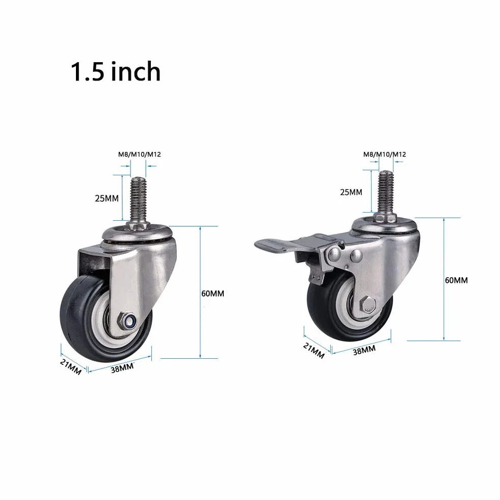 M8 / M10 / M12 gwintowane kółka skrętne do mebli 1,5"/2" (50 mm) stal szlachetna 304 uchwyt rolki do dużych obciążeń 300 kg cicha skóra PU z hamulcem, małe kółka do stołu, biurka, wózka dziecięcego 4 sztuki
